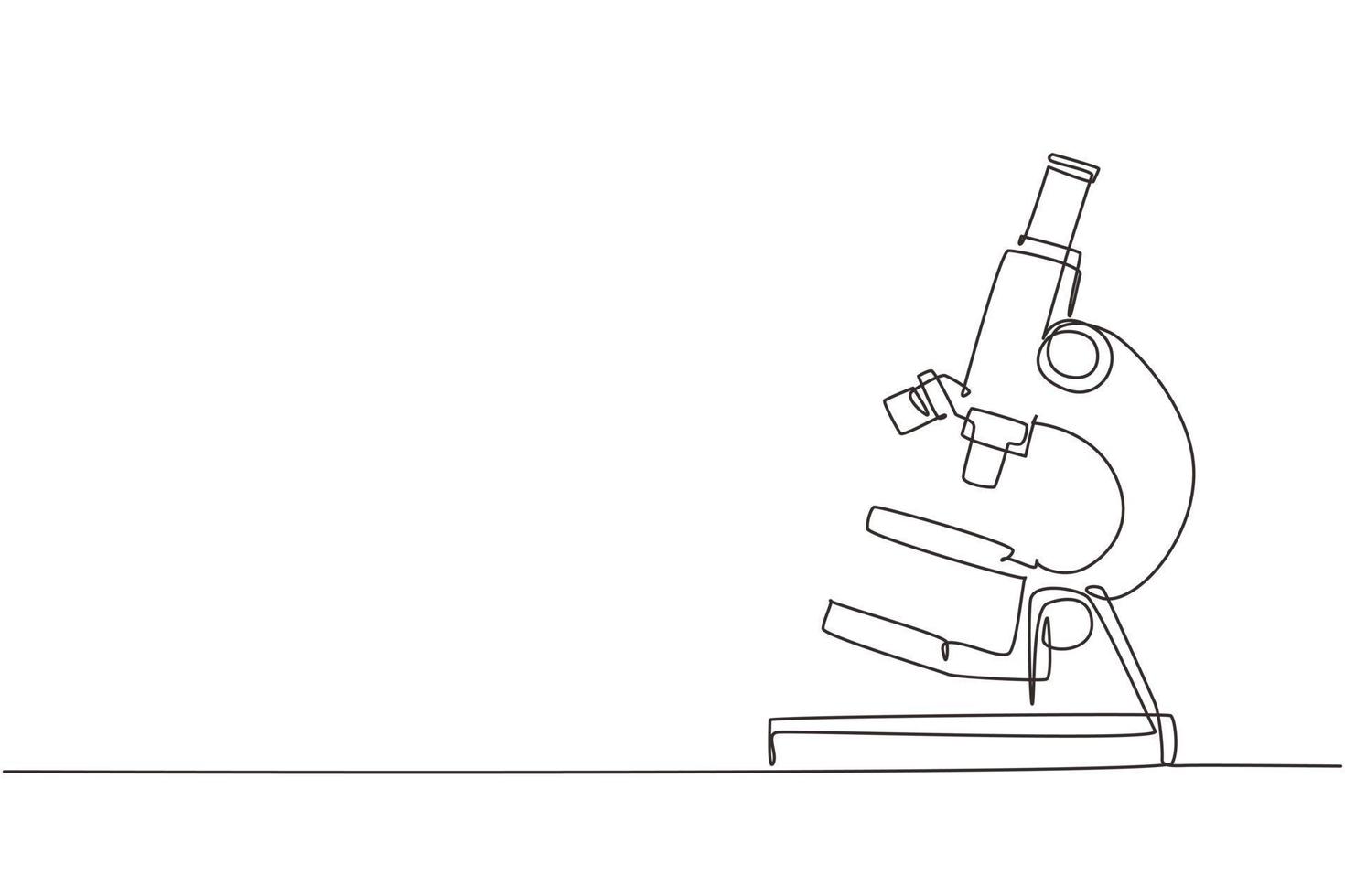 Single continuous line drawing simple microscope. Lab microscope to magnify bacteria size under the lens. Back to school minimalist, education concept. One line draw graphic design vector illustration