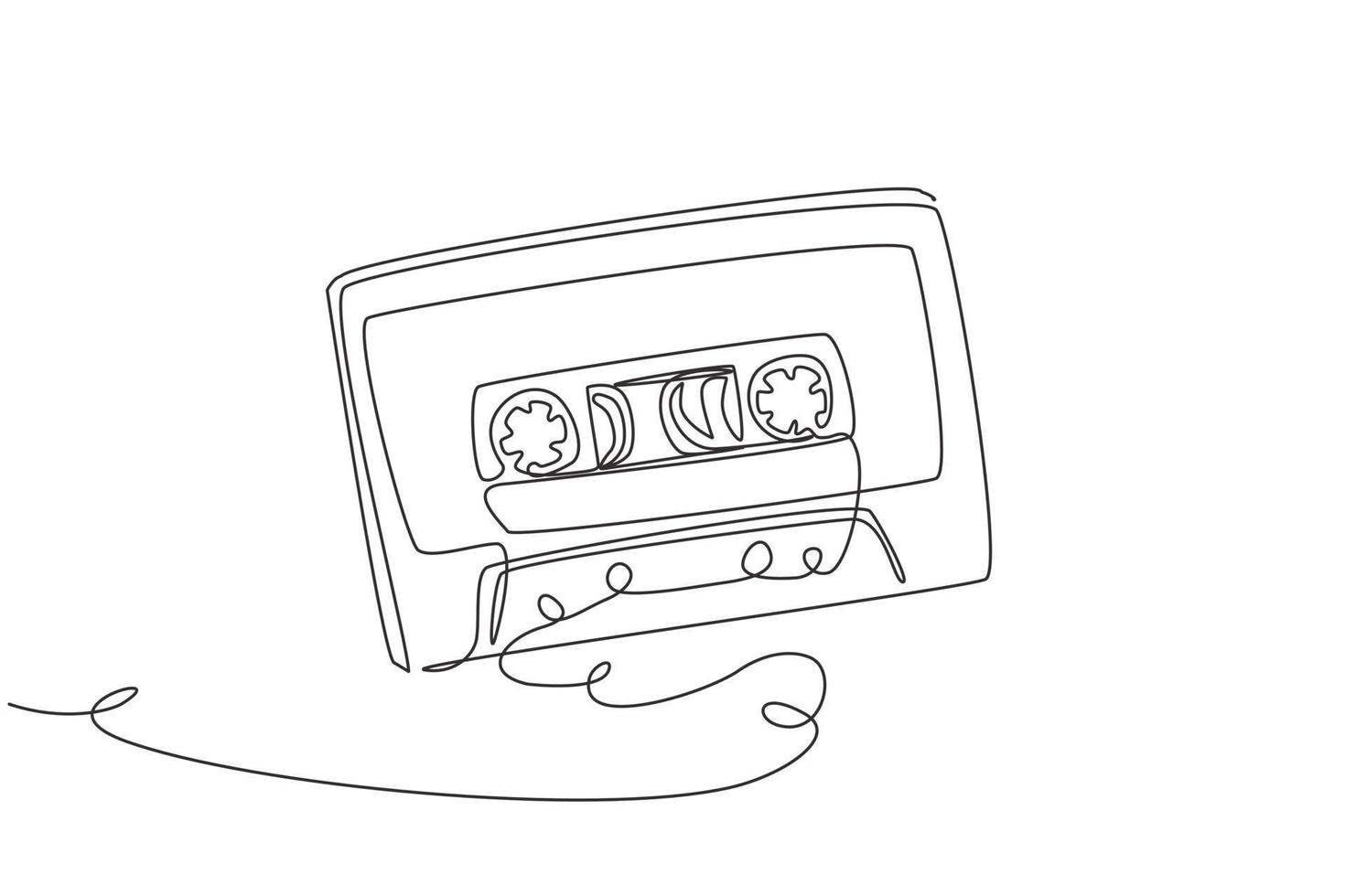 Single continuous line drawing retro compact tape cassette. Vintage music icon audio cassette tape element in doodle style isolated on a white. Dynamic one line draw graphic design vector illustration