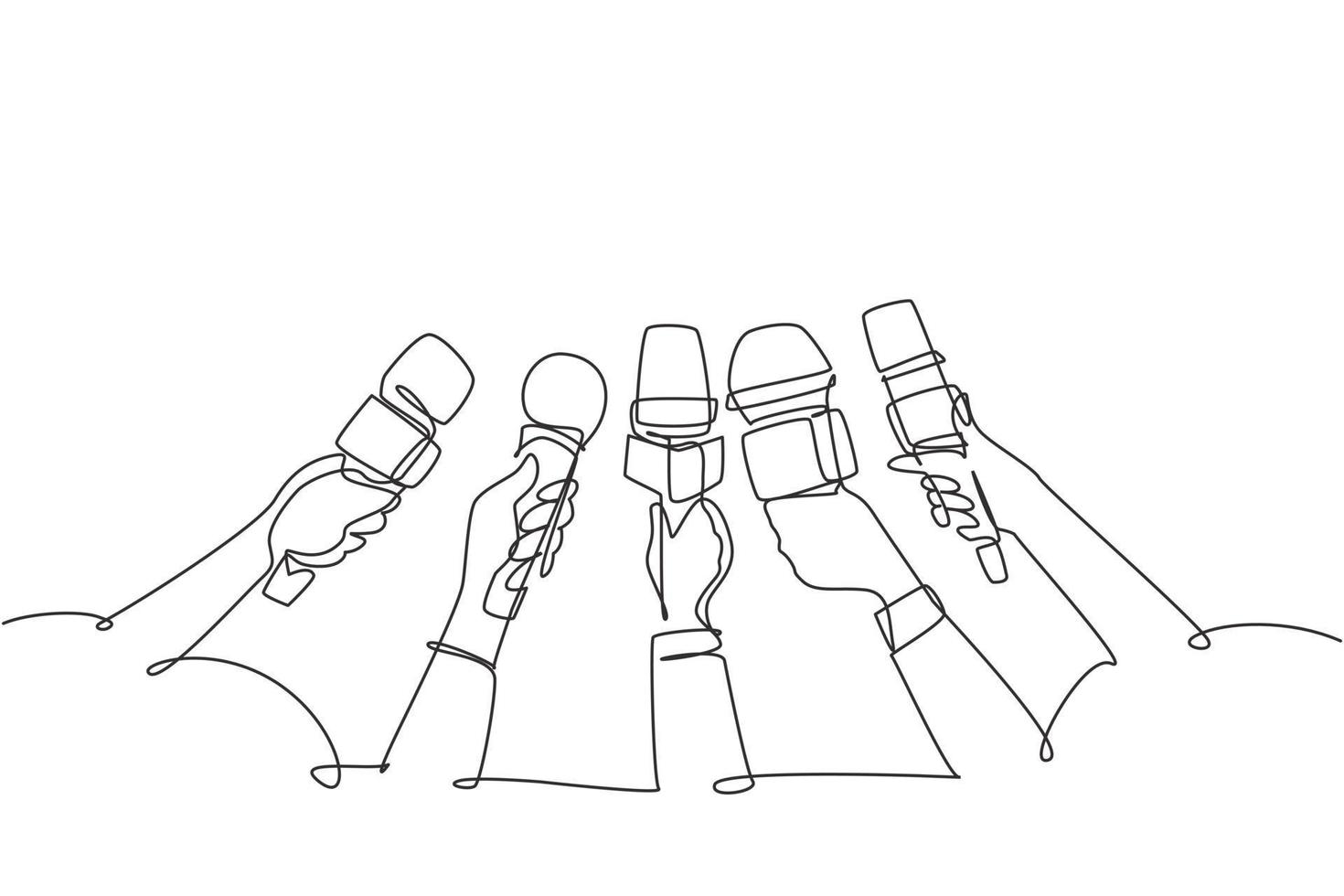 Single one line drawing interview concept with microphones on white background. Newsmakers and interviewers. Different tv signs. Hands holding devices. Continuous line draw design graphic vector