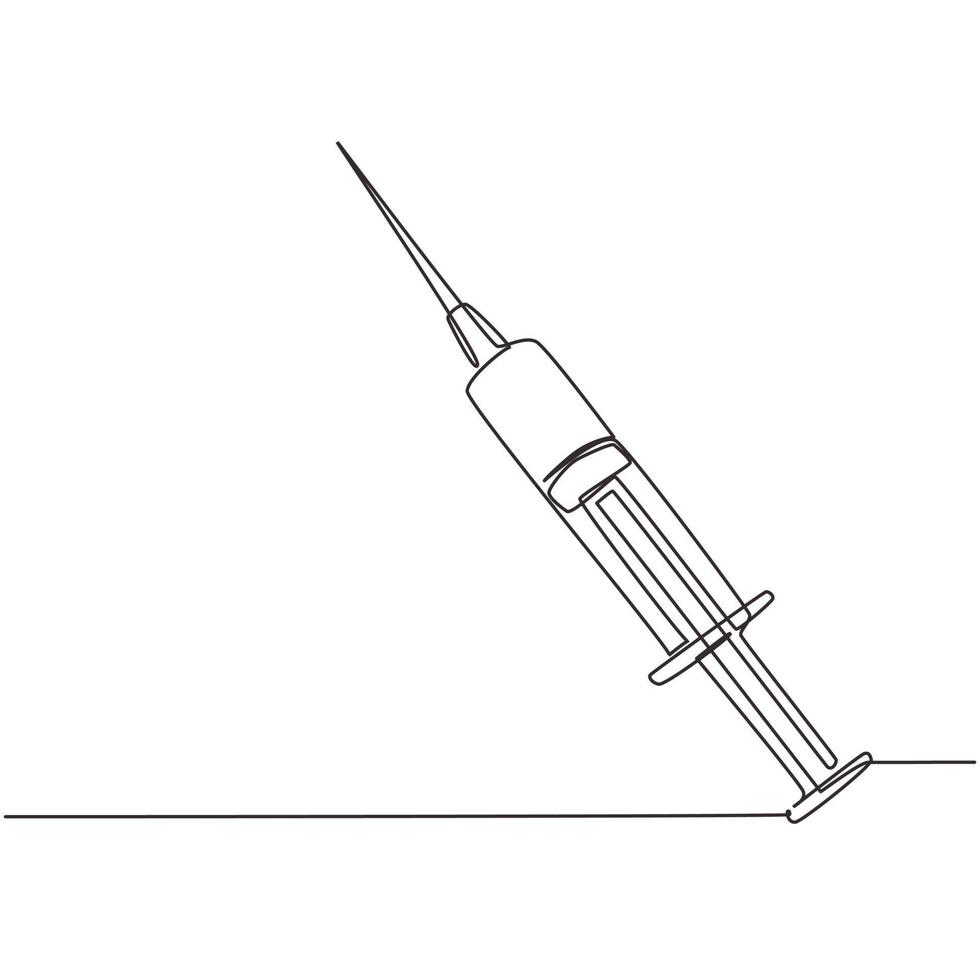 Single one line drawing medical disposable syringe with needle. Applicable for vaccine injection, vaccination illustration. Plastic syringe with needle. Continuous line draw design graphic vector