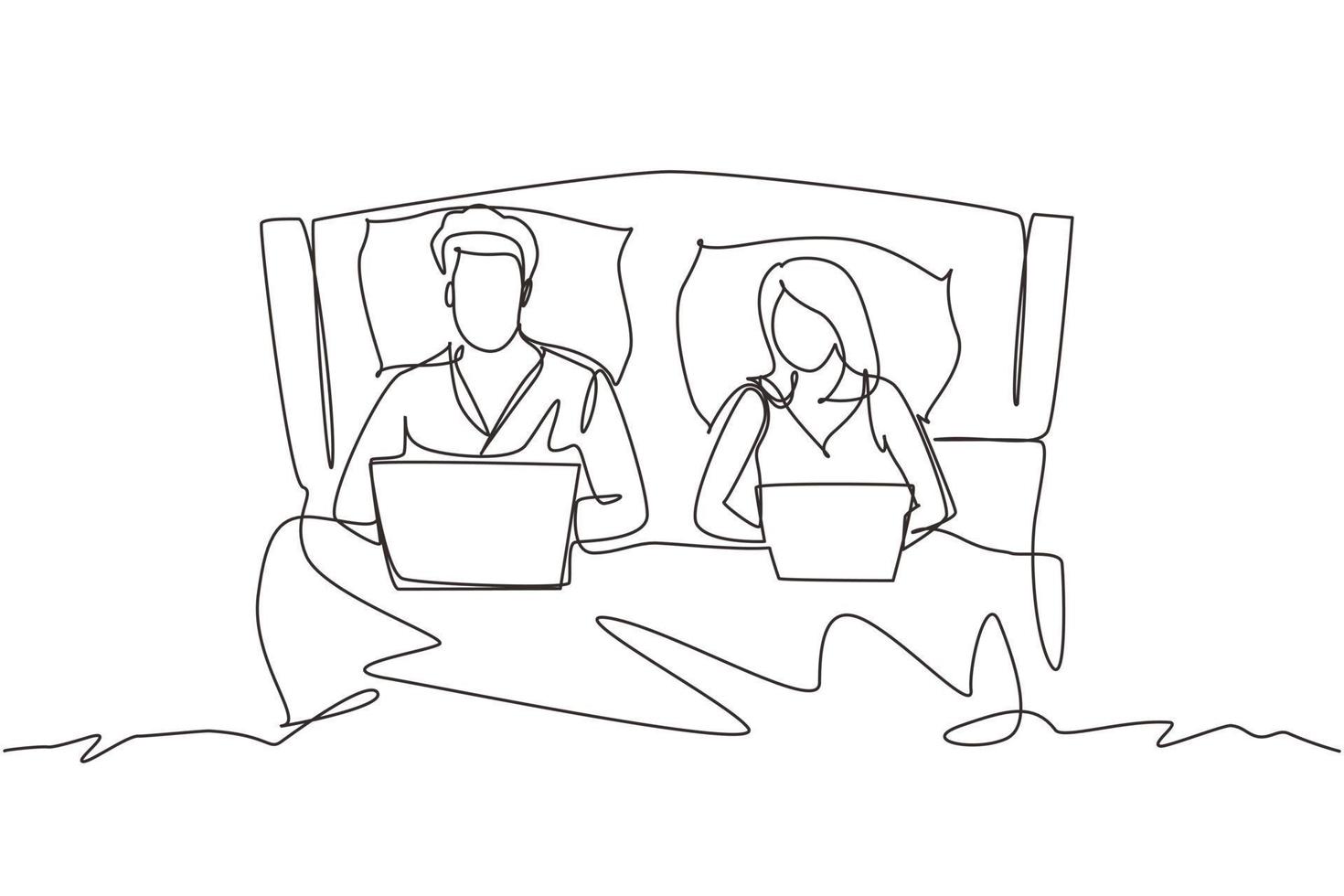 Continuous one line drawing Couple in bed. Man and woman with laptop surfing internet. Happy marriage activity before sleep. Romantic couple resting at bedroom. Single line draw design vector graphic
