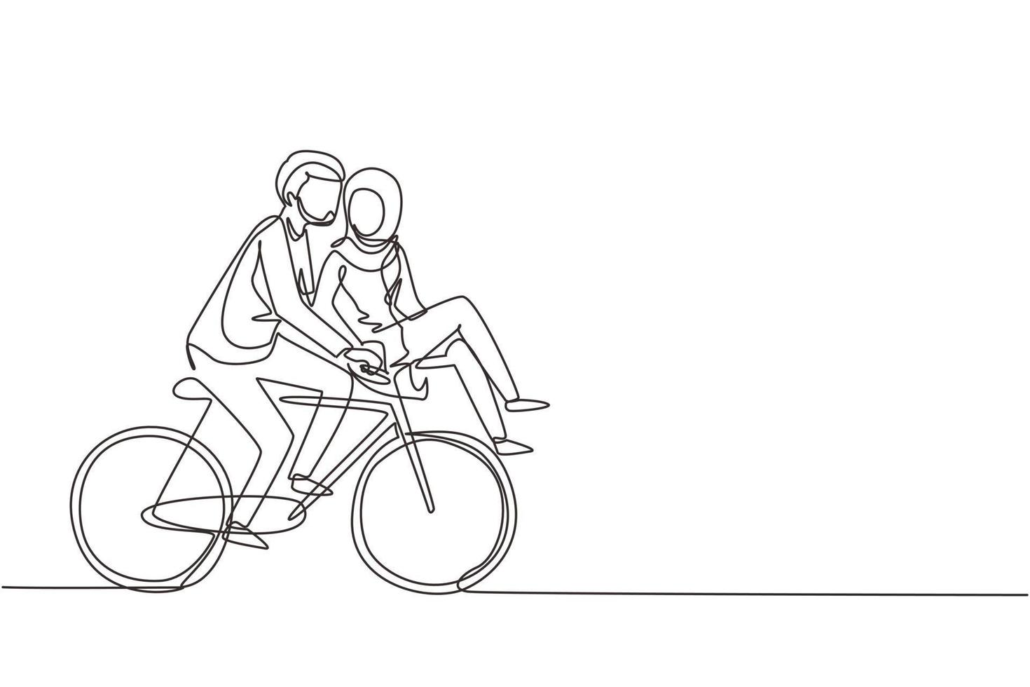 una sola línea dibujando una pareja árabe romántica en una cita montando en bicicleta. joven y mujer enamorados. feliz pareja casada en bicicleta juntos. ilustración de vector gráfico de diseño de dibujo de línea continua moderna