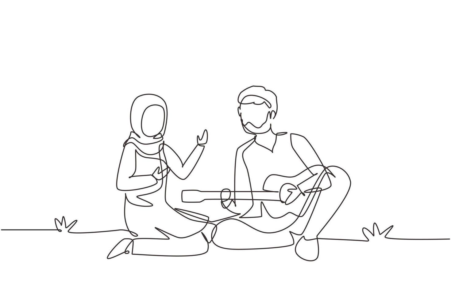 Single continuous line drawing Arabian couple of lovers has picnic on nature. Romantic man playing music on guitar, girl listen and singing together. One line draw graphic design vector illustration