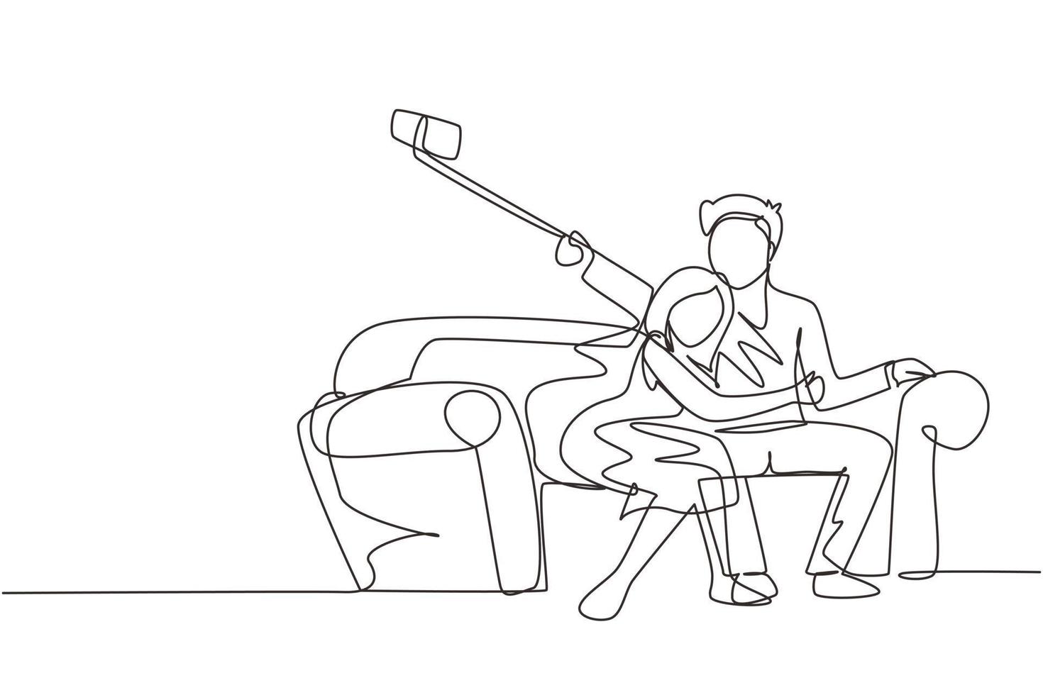 Continuous one line drawing man and woman take selfie on smartphone with monopod. Happy couple seat on sofa and making photo together on mobile phone with selfie stick. Single line draw design vector