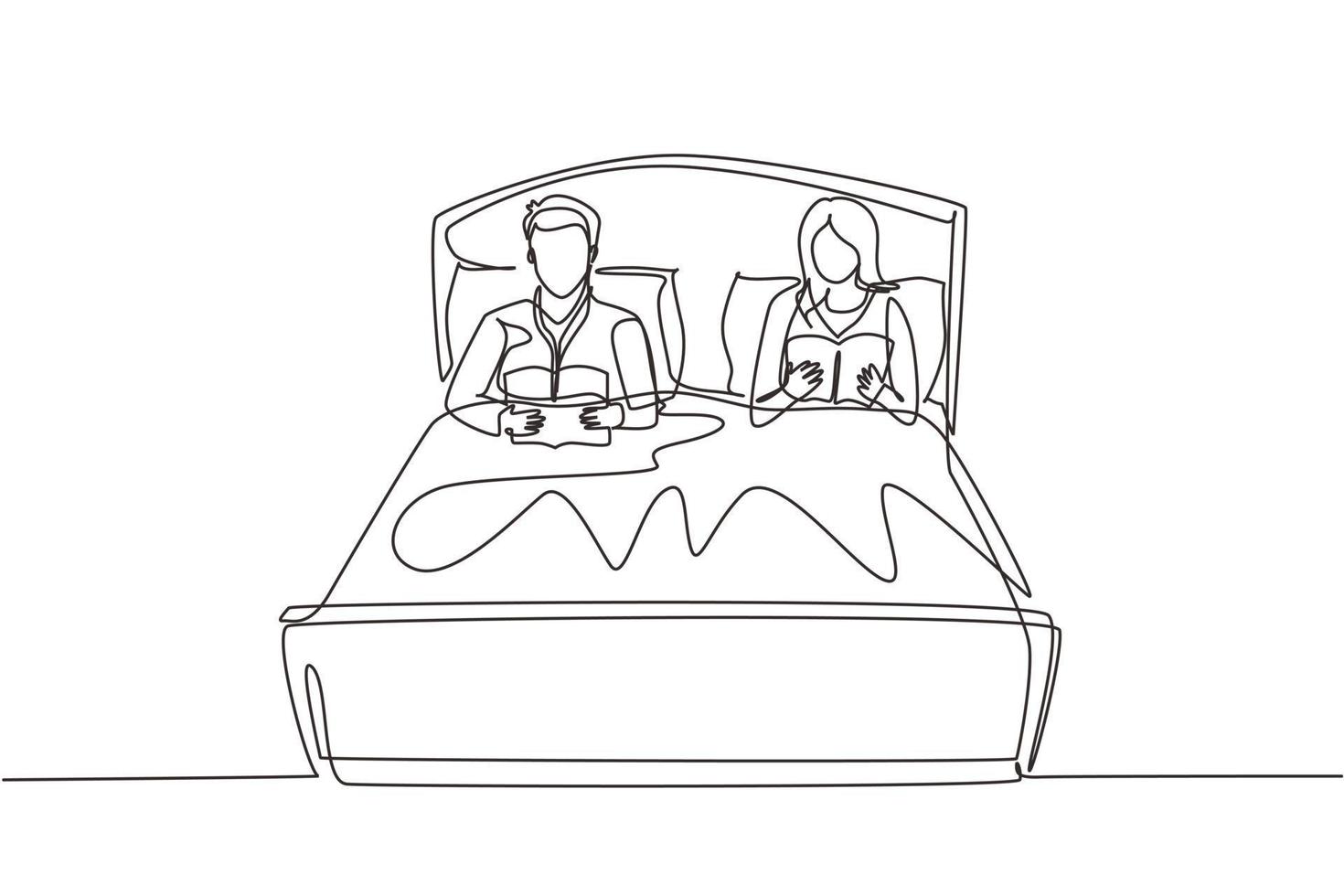 dibujo de una sola línea pareja casada antes de ir a la cama, leer libros.  hombre