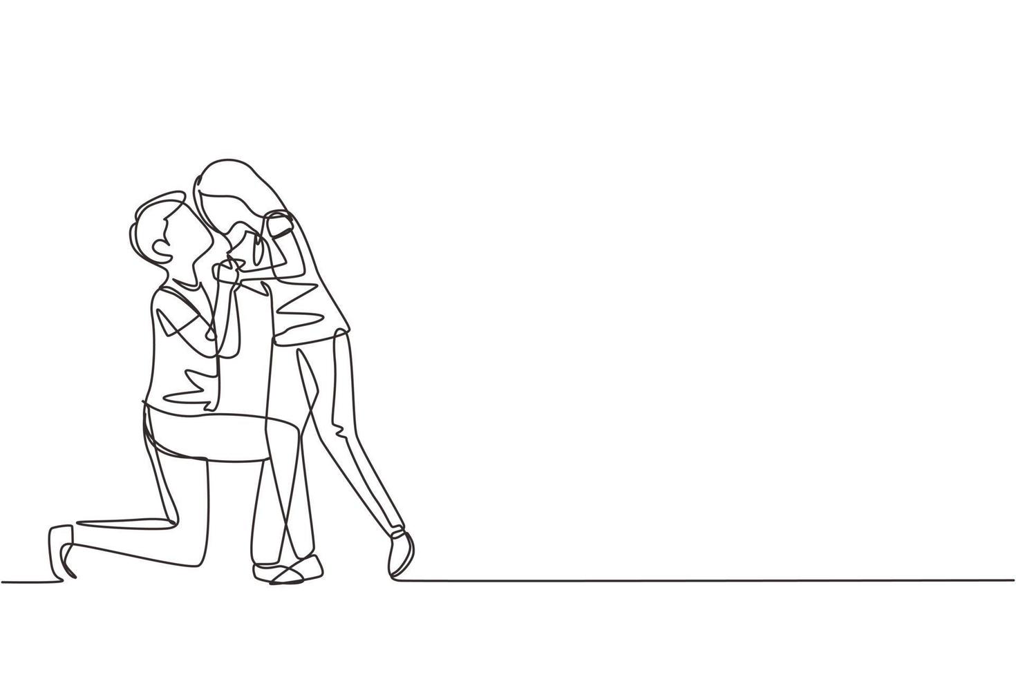 Single one line drawing romantic male kneel and kissing female. Couple lovers kissing and holding hands. Happy man and woman celebrating wedding anniversary. Modern continuous line draw design graphic vector