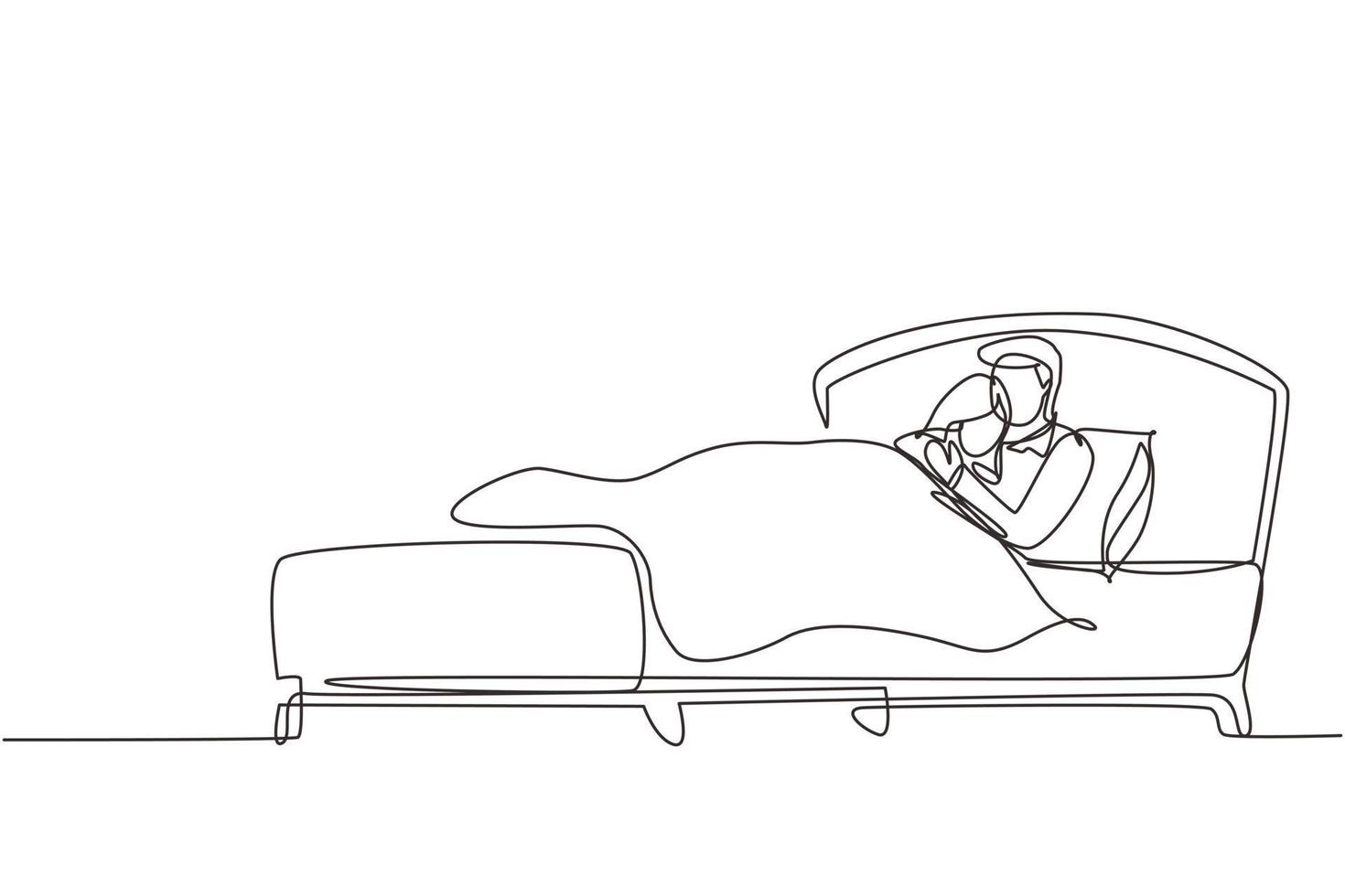 Single continuous line drawing wife and husband hugging and lying on bed. Cute couple sleeping on bed together during night rest. Romantic couple resting at night. One line draw graphic design vector