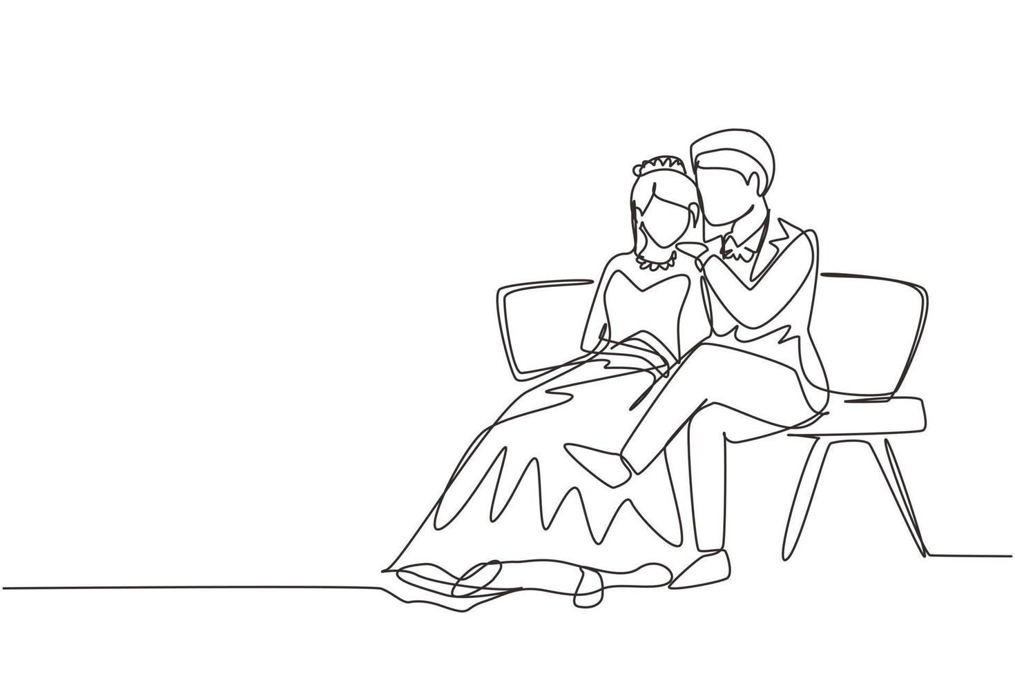 dibujo de una sola línea pareja casada romántica en un banco en el parque.  hombre feliz