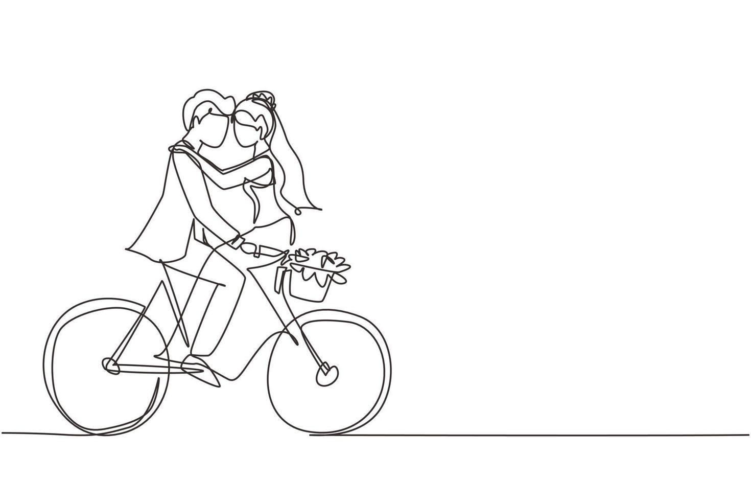 dibujo continuo de una línea hombre y mujer casados felices montando bicicleta cara a cara en el día de la boda. linda pareja romántica está montando bicicleta juntos. ilustración gráfica de vector de diseño de dibujo de una sola línea
