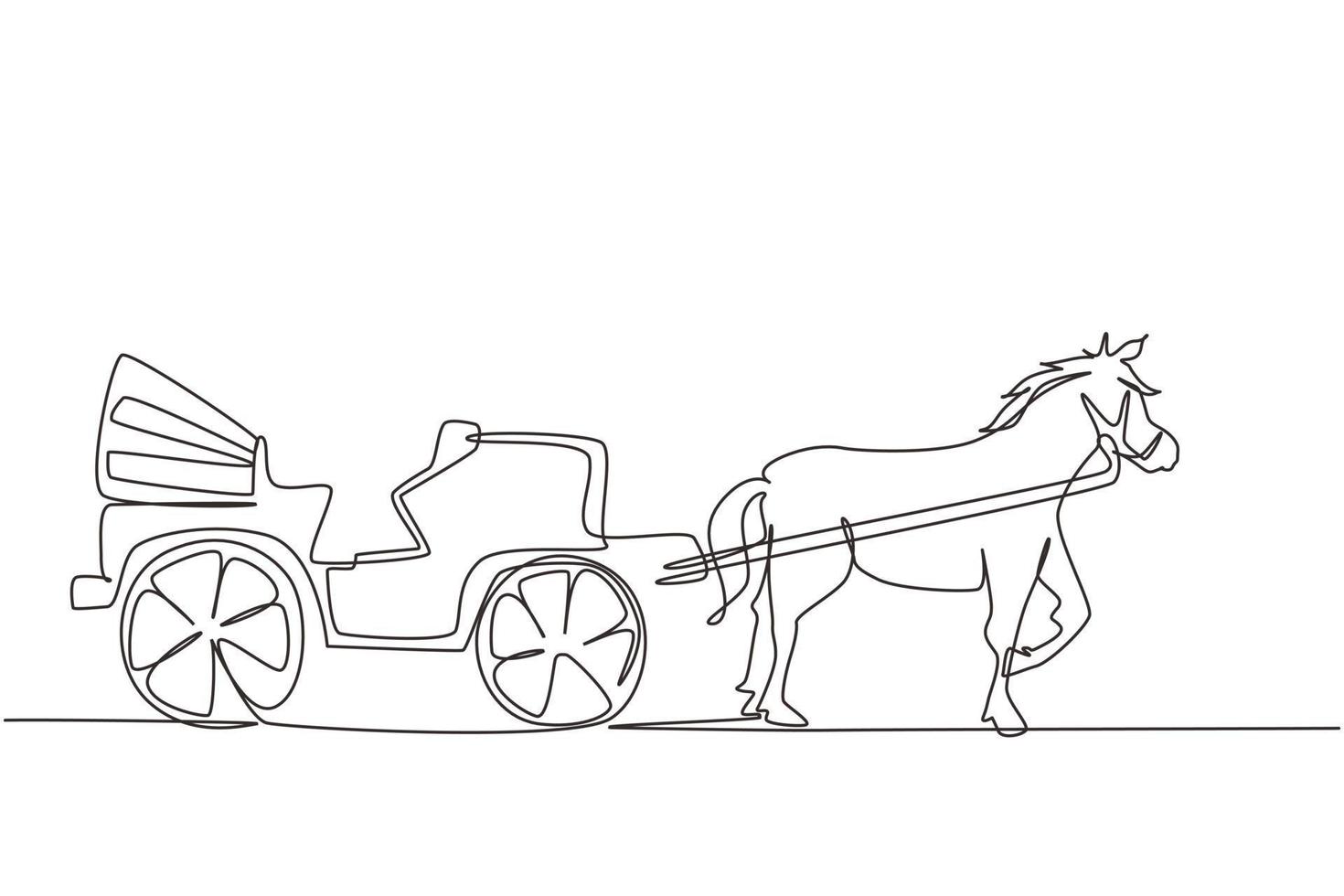 Single one line drawing vintage transportation horse pulling carriage