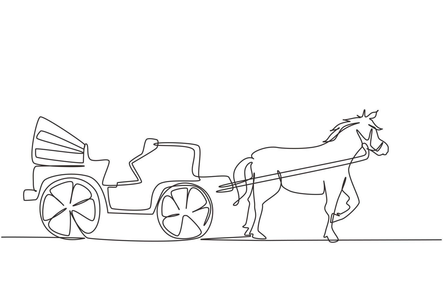 Single one line drawing vintage transportation, horse pulling carriage. Old carriage with a horse, a horse pulls a carriage behind him. Modern continuous line draw design graphic vector illustration