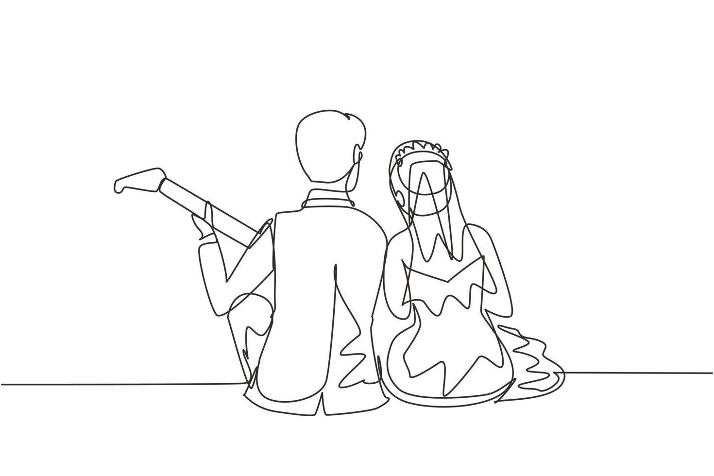 Continuous one line drawing married couple playing guitar with wedding dress. Hugging couple sitting at park with guitar. Romantic dating on outdoor nature. Single line draw design vector graphic