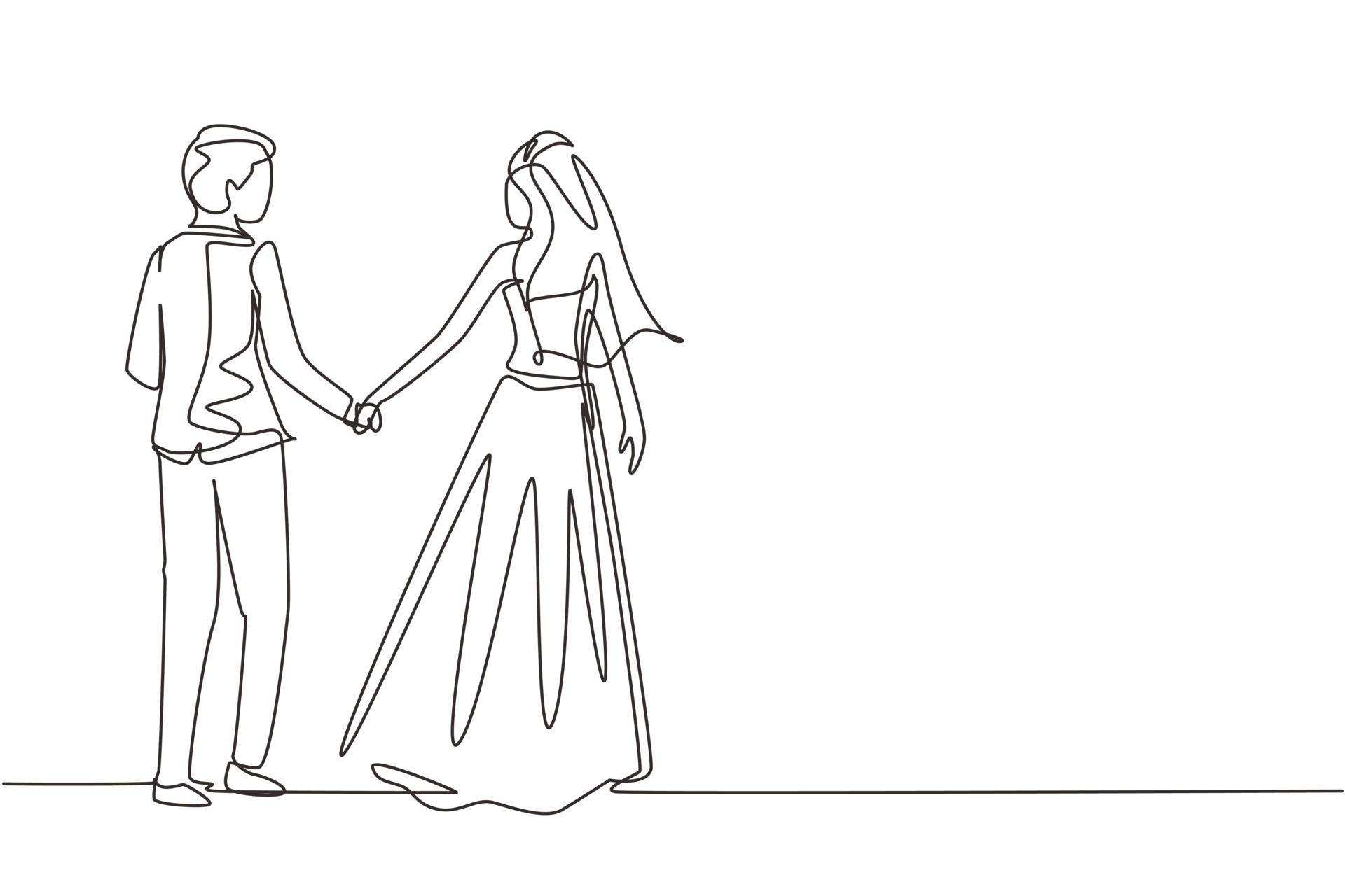 Single one line drawing romantic married couple in love hand in hand. Man  wearing suit and woman with wedding dress in love spending time together at  park. Continuous line draw design graphic