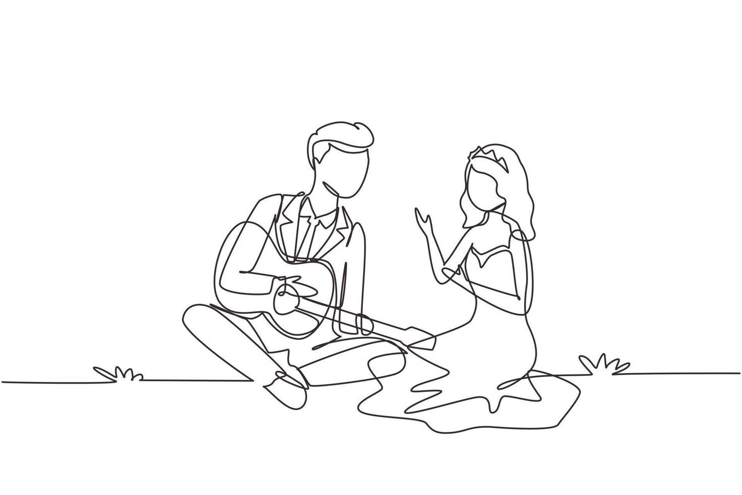 Single one line drawing happy married couple of lovers has sitting on nature. Romantic man playing music on guitar, girl listen and singing at wedding party. Continuous line draw design graphic vector