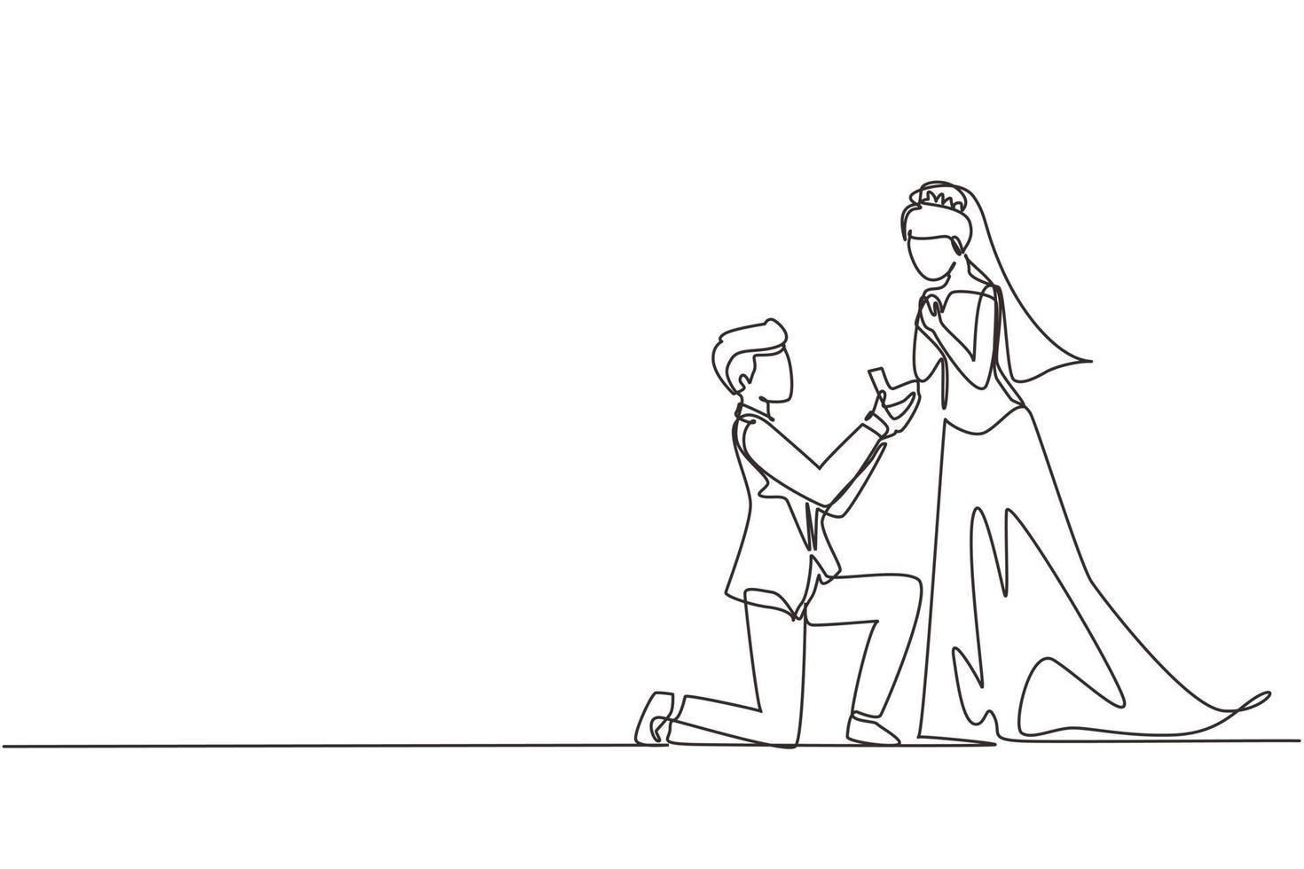 Continuous one line drawing man kneeling holding engagement ring proposing woman marry him marriage with wedding dress. Guy on knees proposing girl to marry. Single line draw design vector graphic