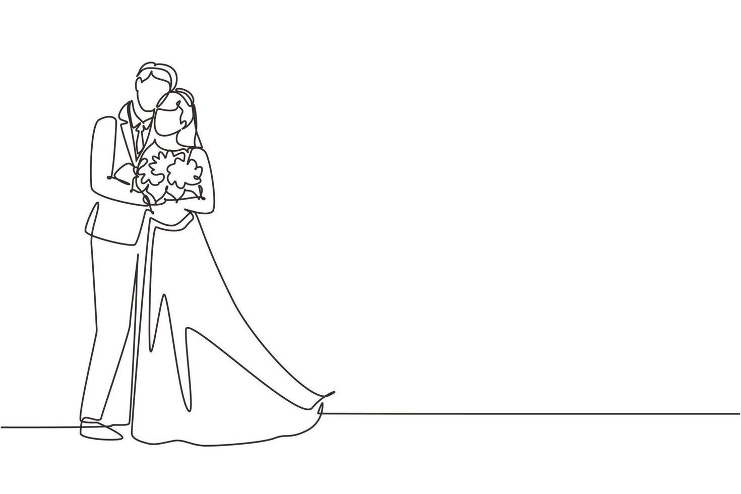 Single one line drawing man gives flowers to woman and hug her. Man giving to woman bouquet of flowers in wedding day. Happy romantic married couple in love. Continuous line draw design graphic vector