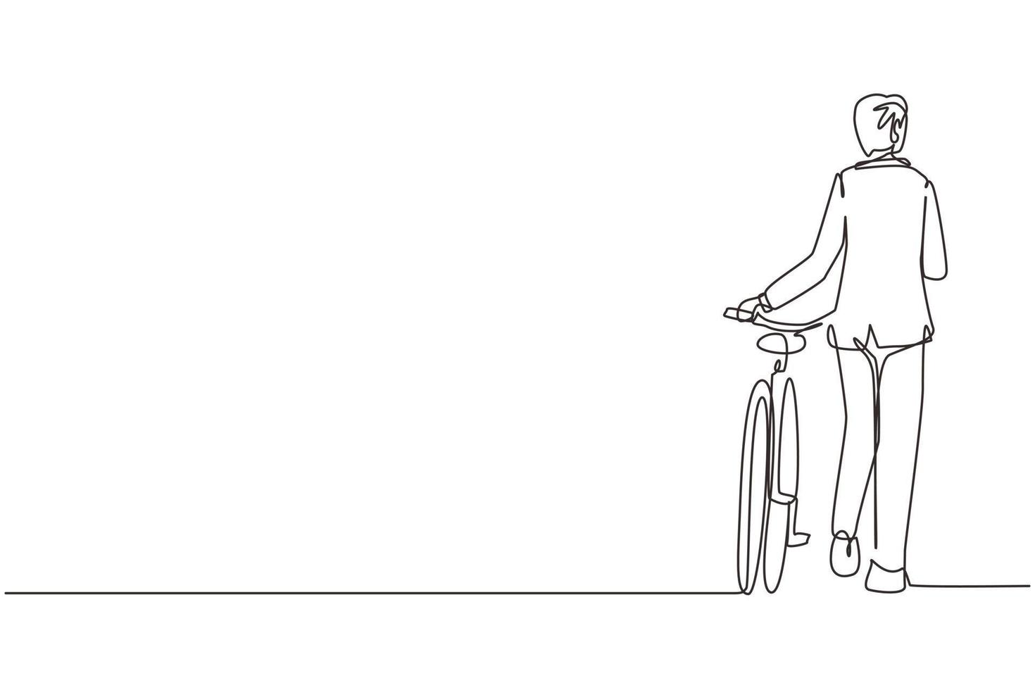 Single continuous line drawing back view walking young male wearing suit with bicycle. Man take a walk with bicycle at city road. Healthy lifestyle of urban people. One line draw graphic design vector