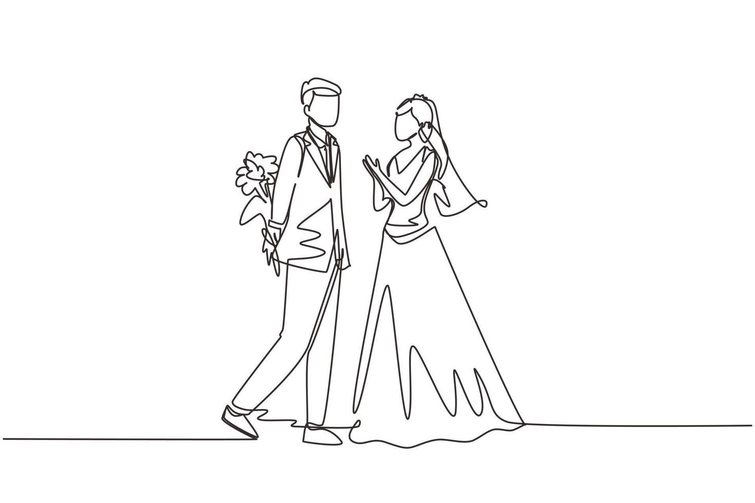 Single one line drawing man gives flowers to woman. Young man giving to woman bouquet of flowers in wedding day. Happy romantic couple in love. Continuous line draw design graphic vector illustration