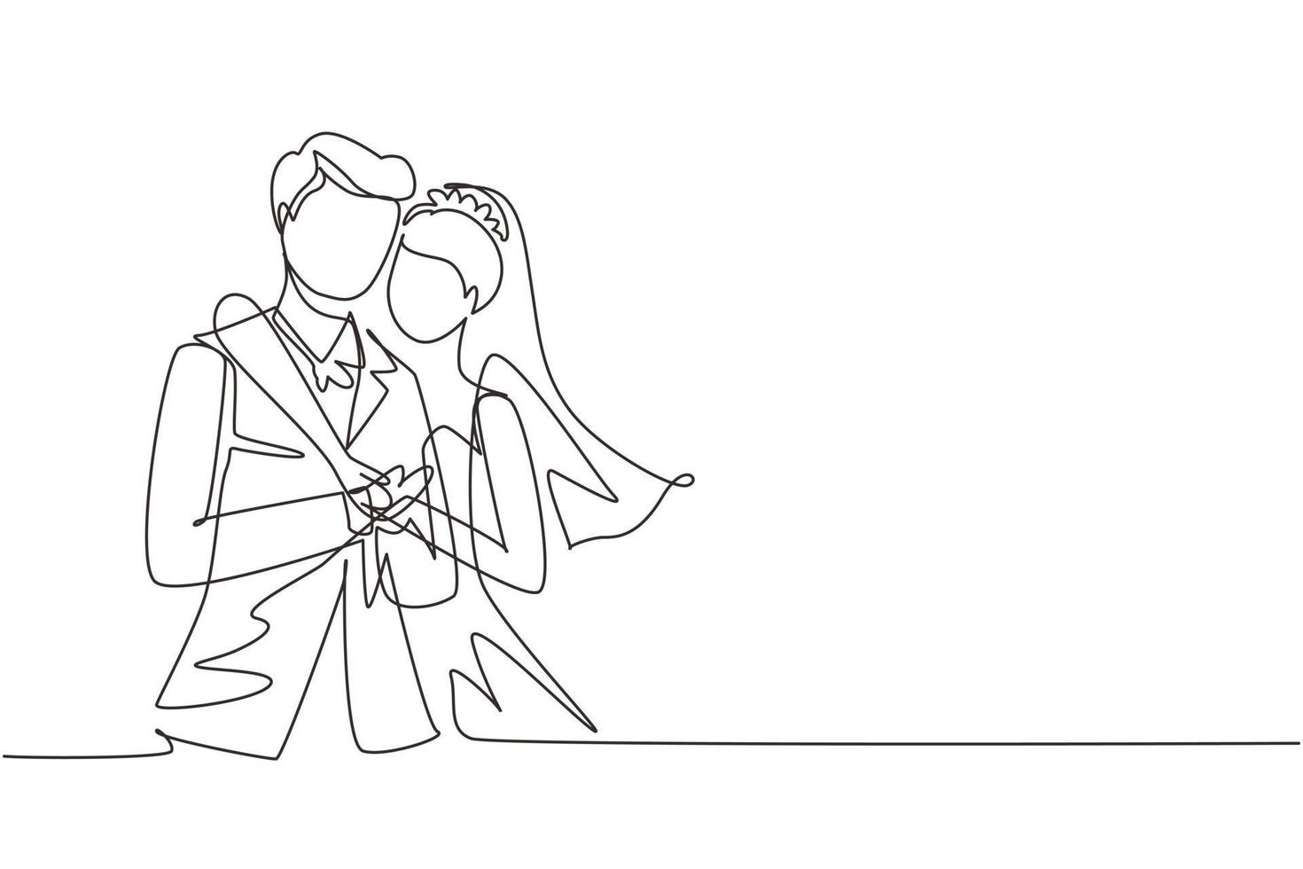 Single continuous line lovers man with suit and woman with wedding dress hugging. Couple in relationship in love. Happy man hugging his partner woman. One line draw graphic design vector illustration