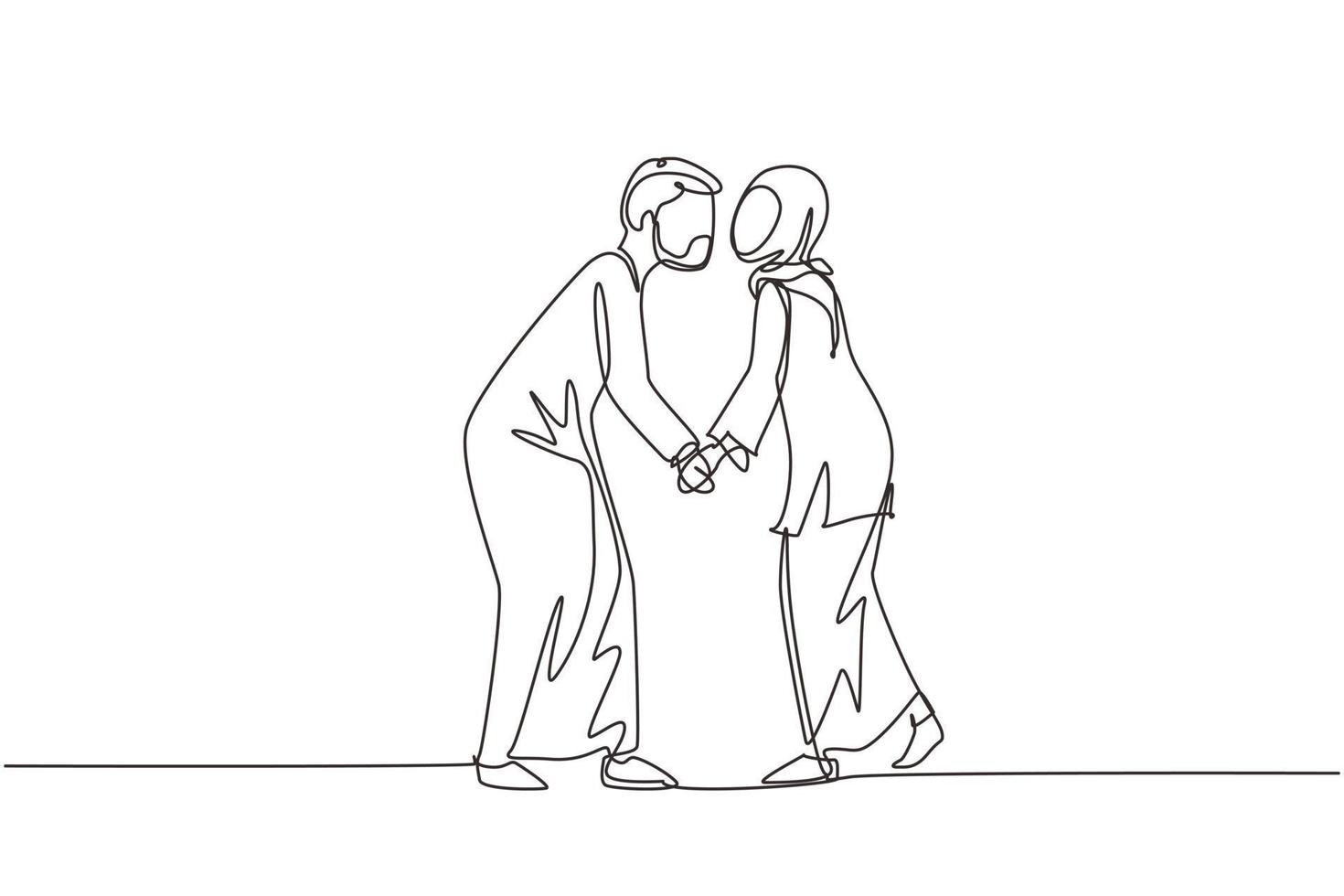 Single continuous line drawing romantic of Arabian male and female couple with lips locked in kiss. Happy cute couple lovers kissing and holding hands. One line draw graphic design vector illustration