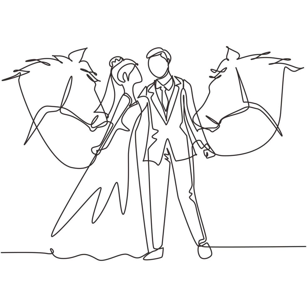 Continuous one line drawing romantic married couple with horses. Young man and woman wearing wedding dress with horse. Engagement and love relation. Single line draw design vector graphic illustration