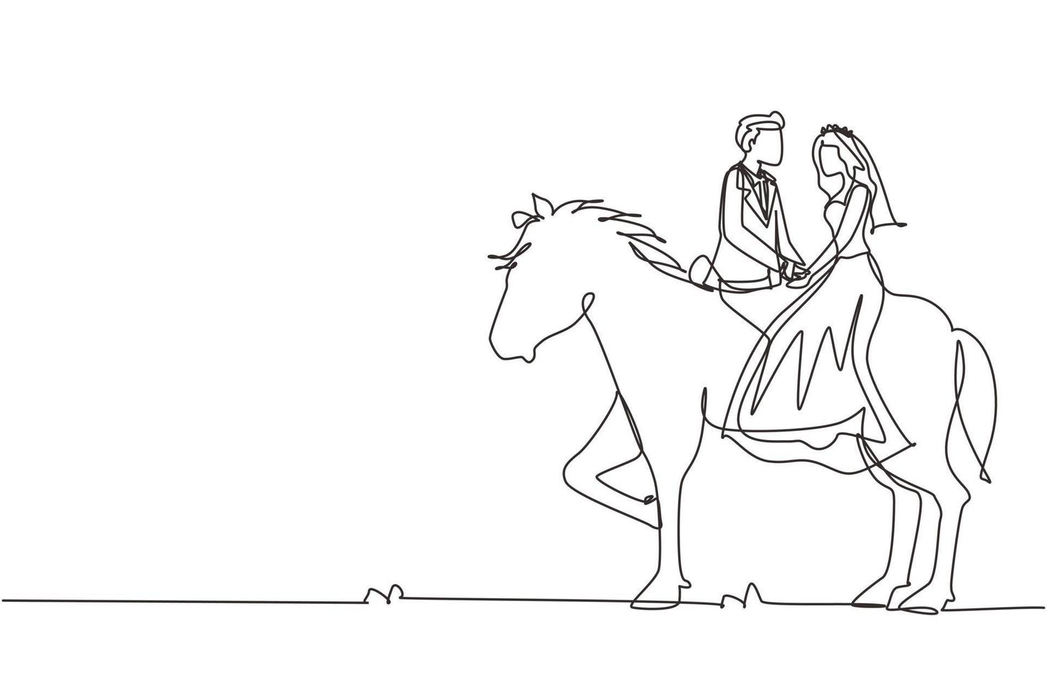 dibujo continuo de una línea pareja casada romántica enamorada montando a caballo. mujer hombre feliz preparándose para la boda. compromiso y relación amorosa. ilustración gráfica de vector de diseño de dibujo de una sola línea