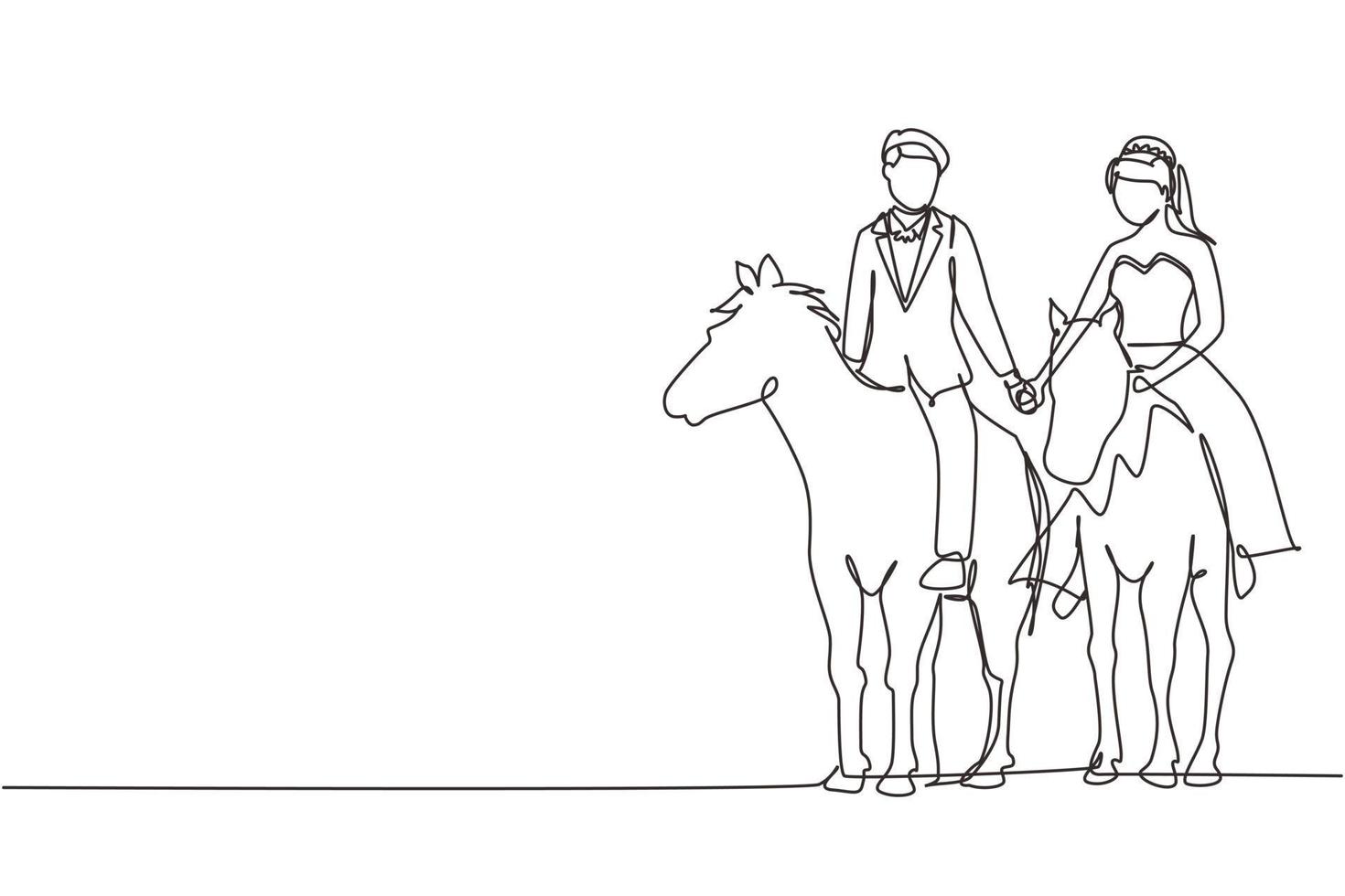 dibujo continuo de una línea pareja casada montando caballos de la mano