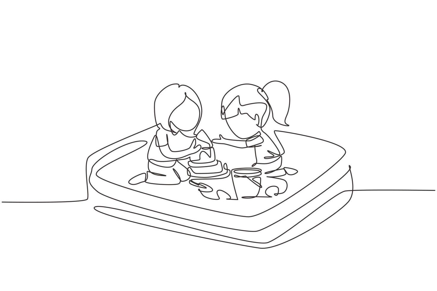 Single one line drawing two little girl playing and making sandcastle in sandbox. Outdoor game in kindergarten. Place for children's games. Continuous line draw design graphic vector illustration