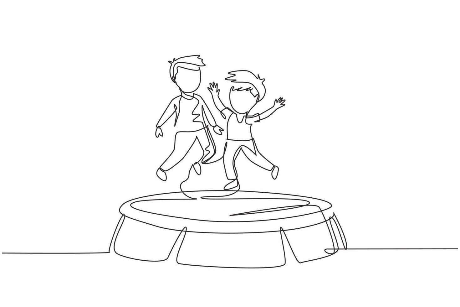 Single one line drawing two smiling boys jumping on trampoline together. Happy kids jumping on round trampoline. Active children outdoors games. Continuous line draw design graphic vector illustration