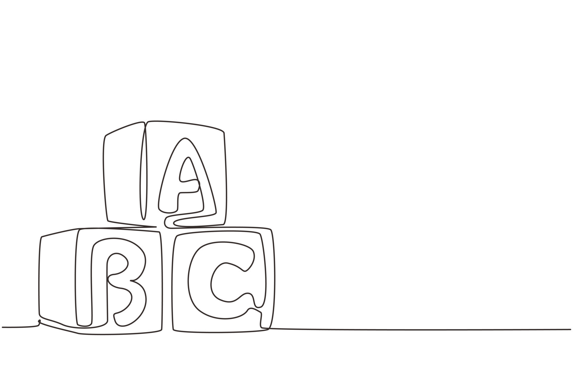 Single one line drawing alphabet cubes with letters ABC. Block building tower. ABC letters