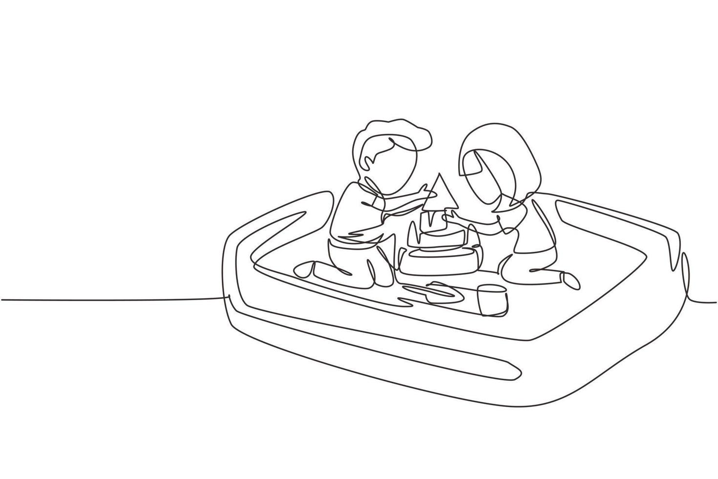 Single continuous line drawing boy and girl of preschool age are playing in sandbox. Two little kids making sandcastle in sandbox. Outdoor game park. One line draw graphic design vector illustration