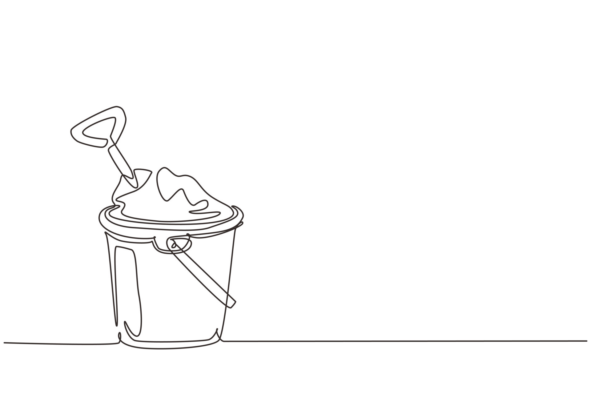Single one line drawing Bucket and spade. Sand in bucket with shovel