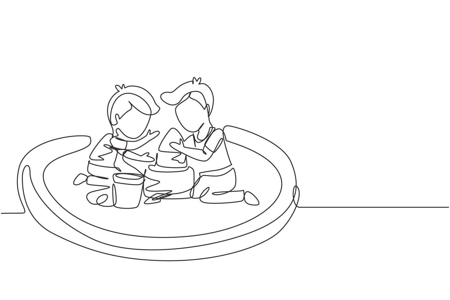 Single continuous line drawing two little boys build sandcastle together. Children sitting on sandbox and playing with sand castle. Brothers or friends having fun. One line draw graphic design vector