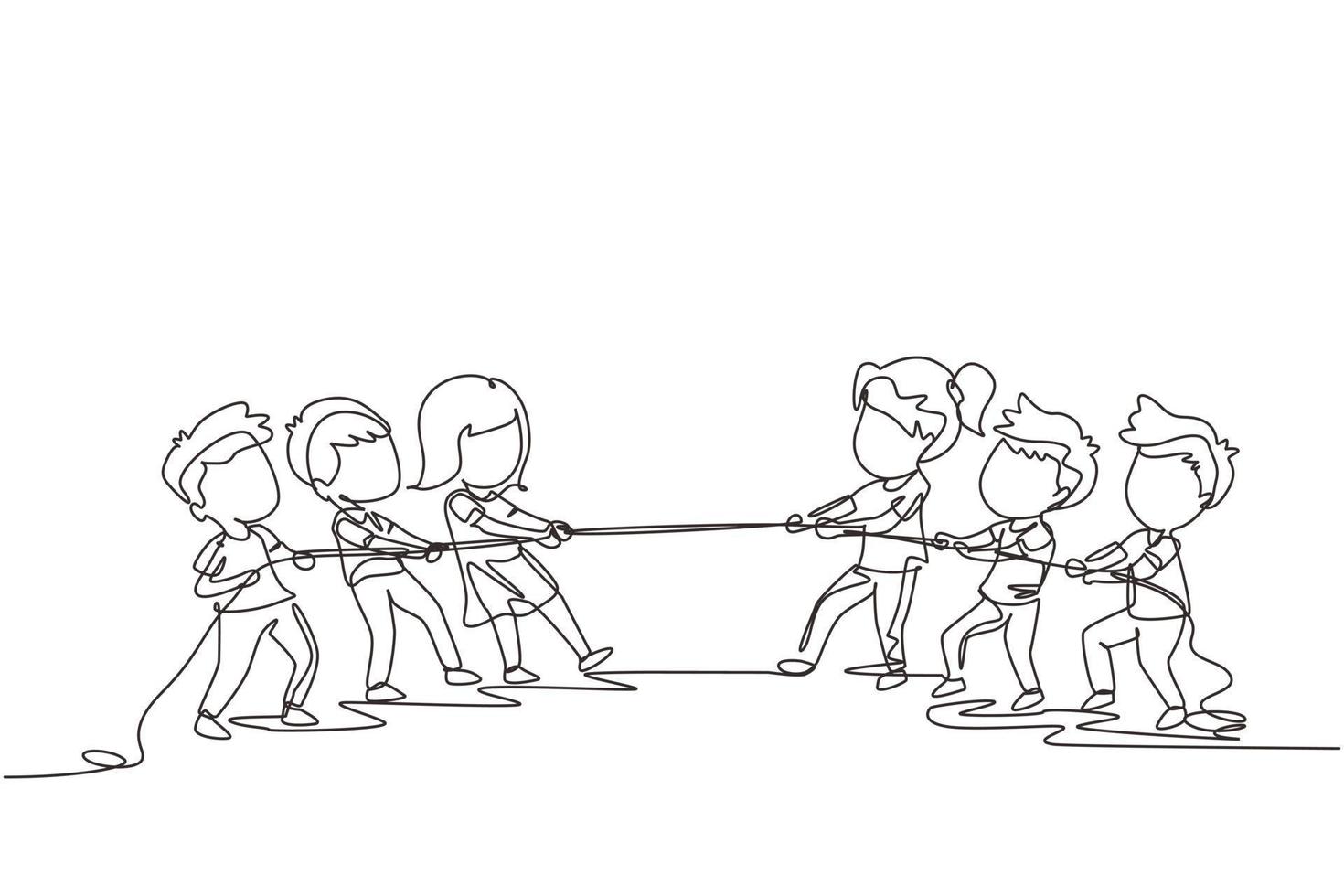 Continuous one line drawing group of children playing tug of war. Kids playing tug of war at park. Girls and boys pull rope, outdoor child games. Single line draw design vector graphic illustration