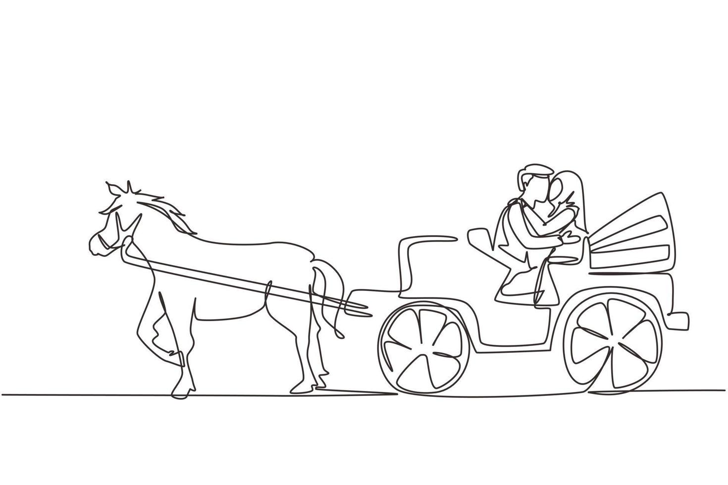 Single one line drawing wedding Arab couple trying kiss each other. Just married. Happiness bride and groom sitting in carriage pulled by horse. Continuous line draw design graphic vector illustration