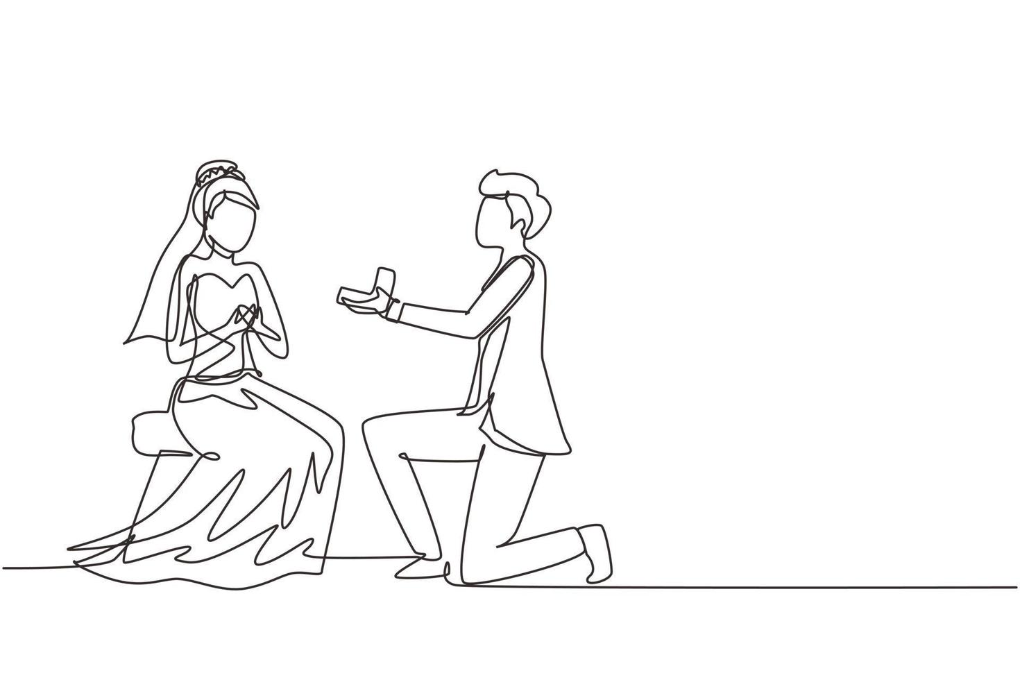 Single continuous line man makes marriage proposal woman with wedding dress and gives ring. Happy couple getting ready for wedding. Bride and groom celebrate engagement. One line draw design vector