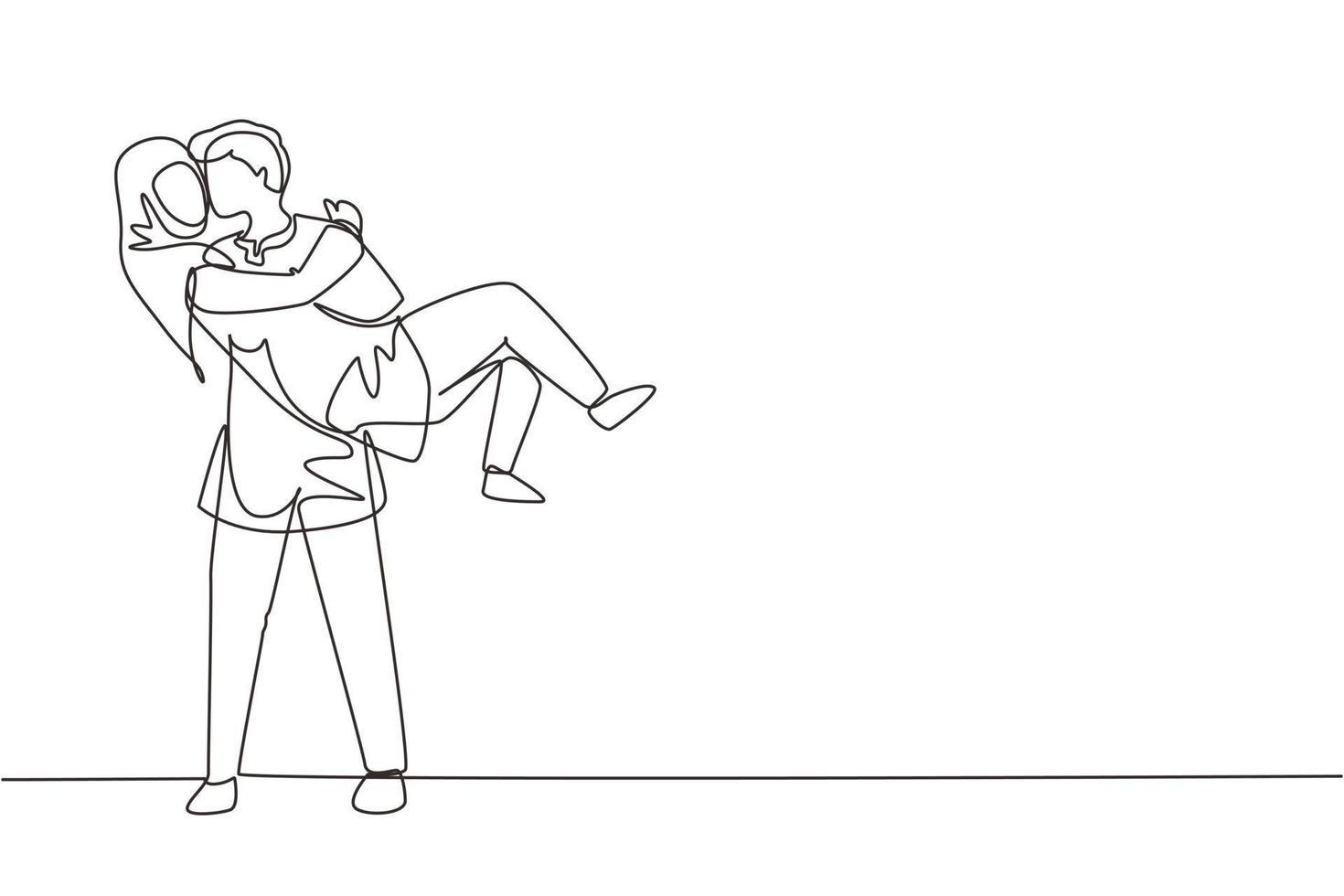 Continuous one line drawing romantic married female in love kissing on lap  male wearing wedding dress. Man carrying a woman in wedding celebration.  Single line draw design vector graphic illustration 8721494 Vector