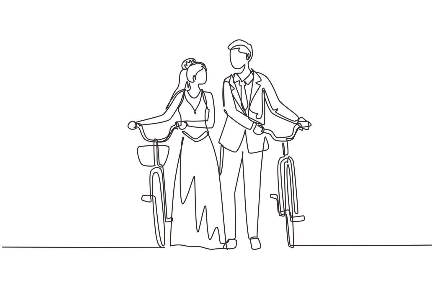 dibujo continuo de una línea linda pareja casada caminando por el camino del bosque con sus bicicletas en el día de verano. romántico hombre y mujer enamorados con vestido de novia. gráfico vectorial de diseño de dibujo de una sola línea vector