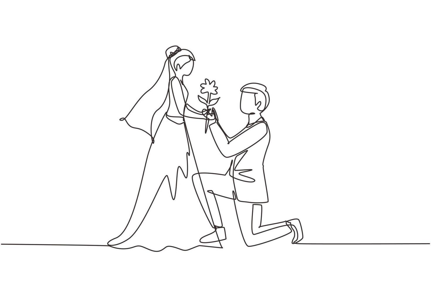 Continuous one line drawing man on knee gives flowers to woman. Young guy giving to girl rose flower in wedding day. Happy romantic couple in love. Single line draw design vector graphic illustration