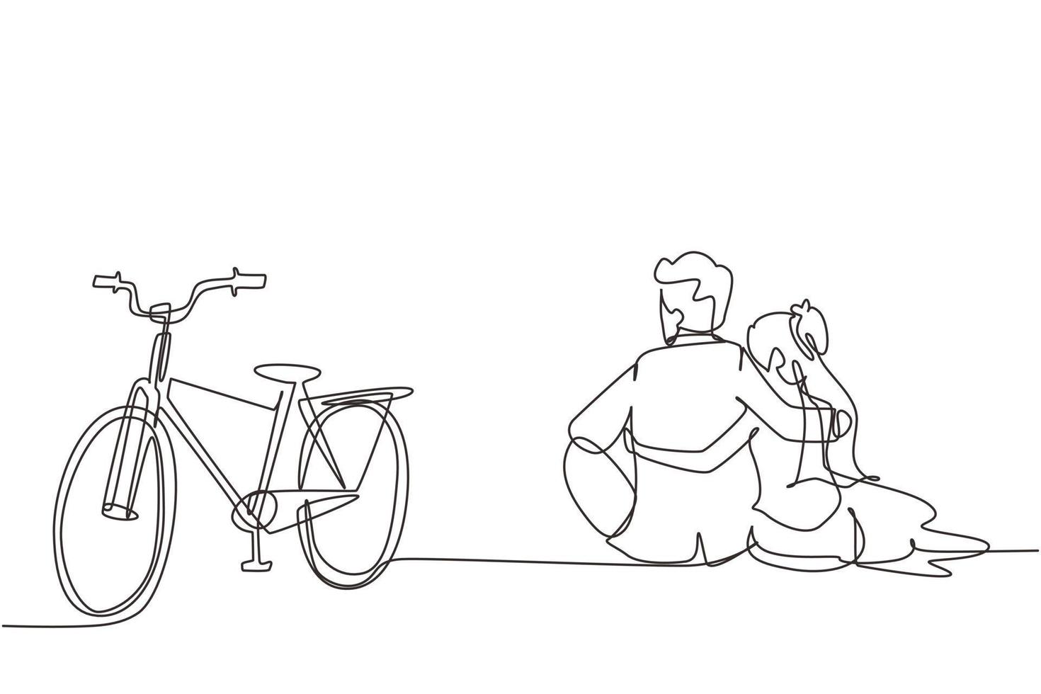 Continuous one line drawing back view of romantic married couple sitting outdoors with bicycle next to them. Happy man and woman in love wearing wedding dress. Single line draw design vector graphic