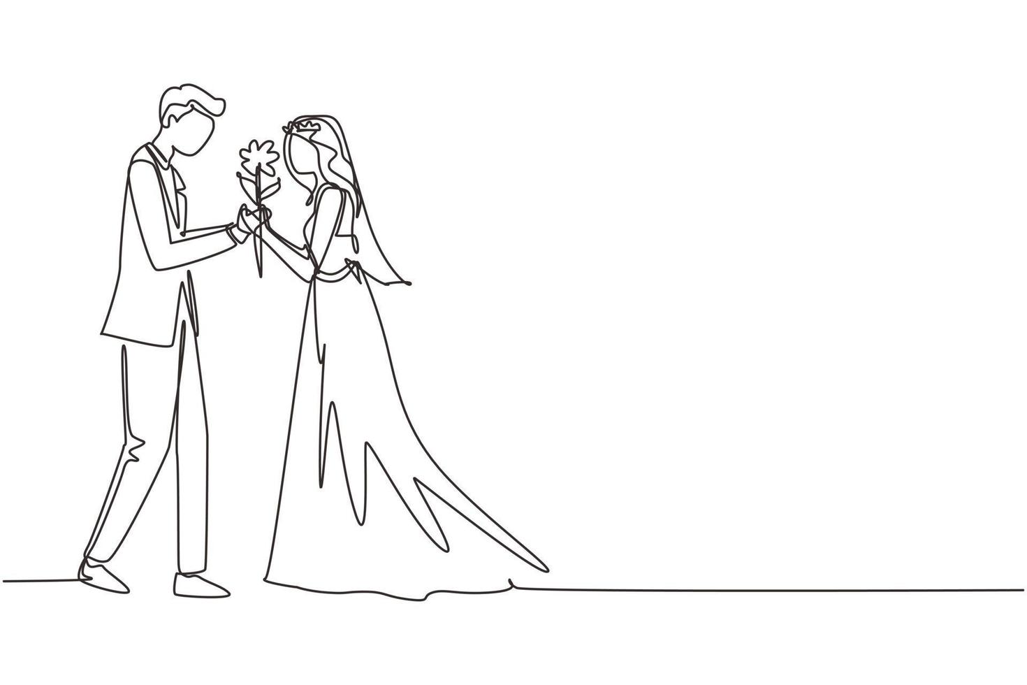 Continuous one line drawing adorable married couple in love on romantic date. Smiling boy giving rose flower to girl. Young man and woman wearing wedding dress. Single line draw design vector graphic