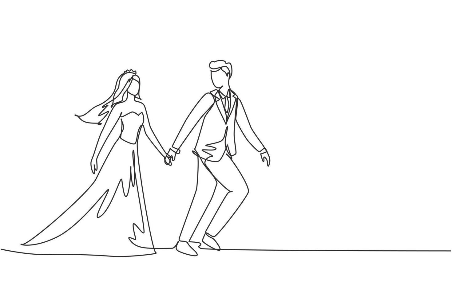 un solo dibujo de una línea hombre feliz tiró de la mano de la mujer con la fiesta de bodas. pareja romántica caminando en unas románticas vacaciones de luna de miel. vacaciones de verano. vector gráfico de diseño de dibujo de línea continua