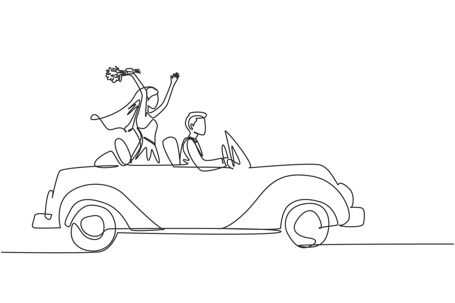 Single one line drawing newly married couple groom in vehicle. Happy man and woman riding wedding car. Married couple romantic relationship. Continuous line draw design graphic vector illustration