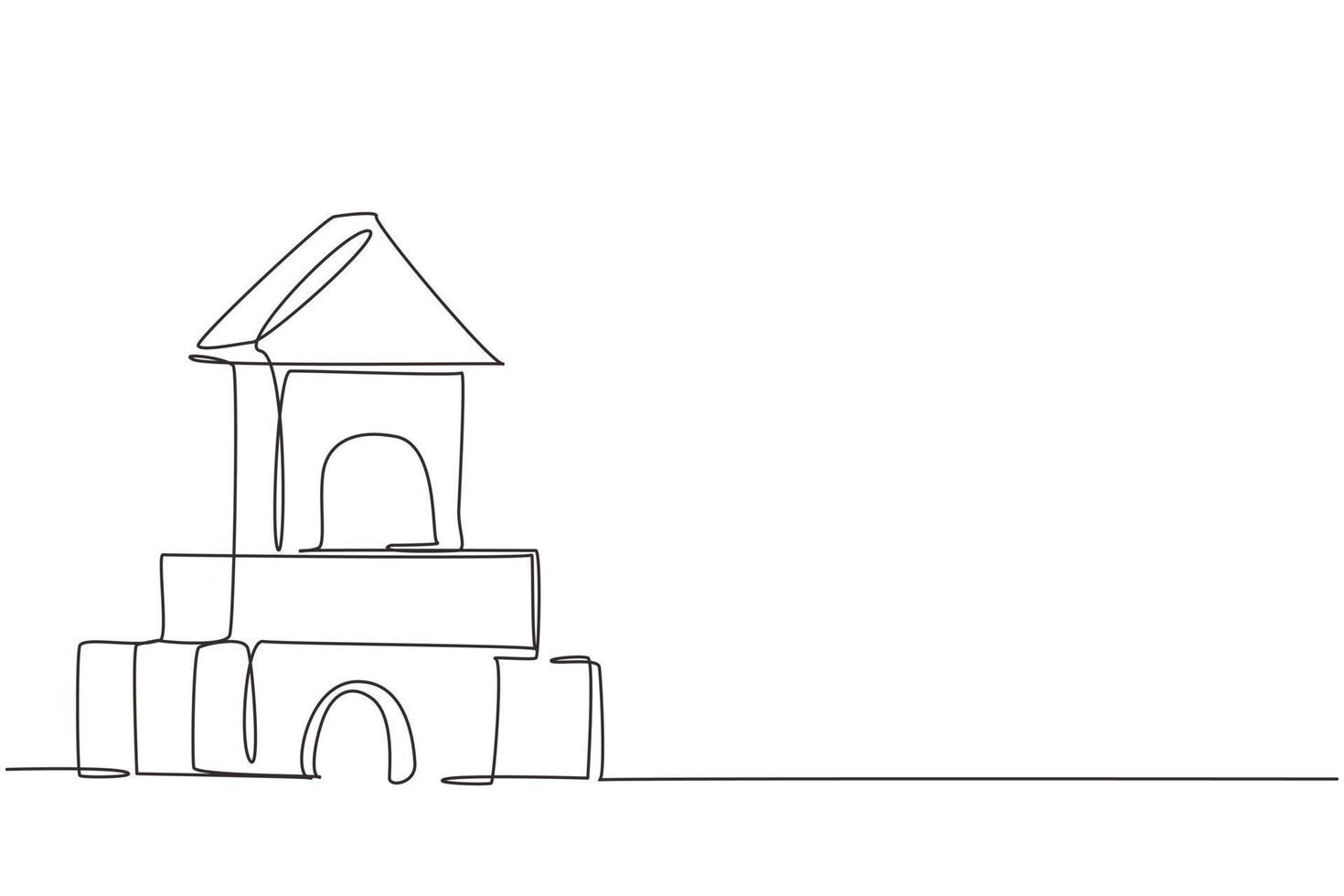 Single one line drawing brick house. House made of wooden blocks. Wooden cubes toy. Building blocks for kids. Children constructor. Wooden toy. Continuous line draw design graphic vector illustration