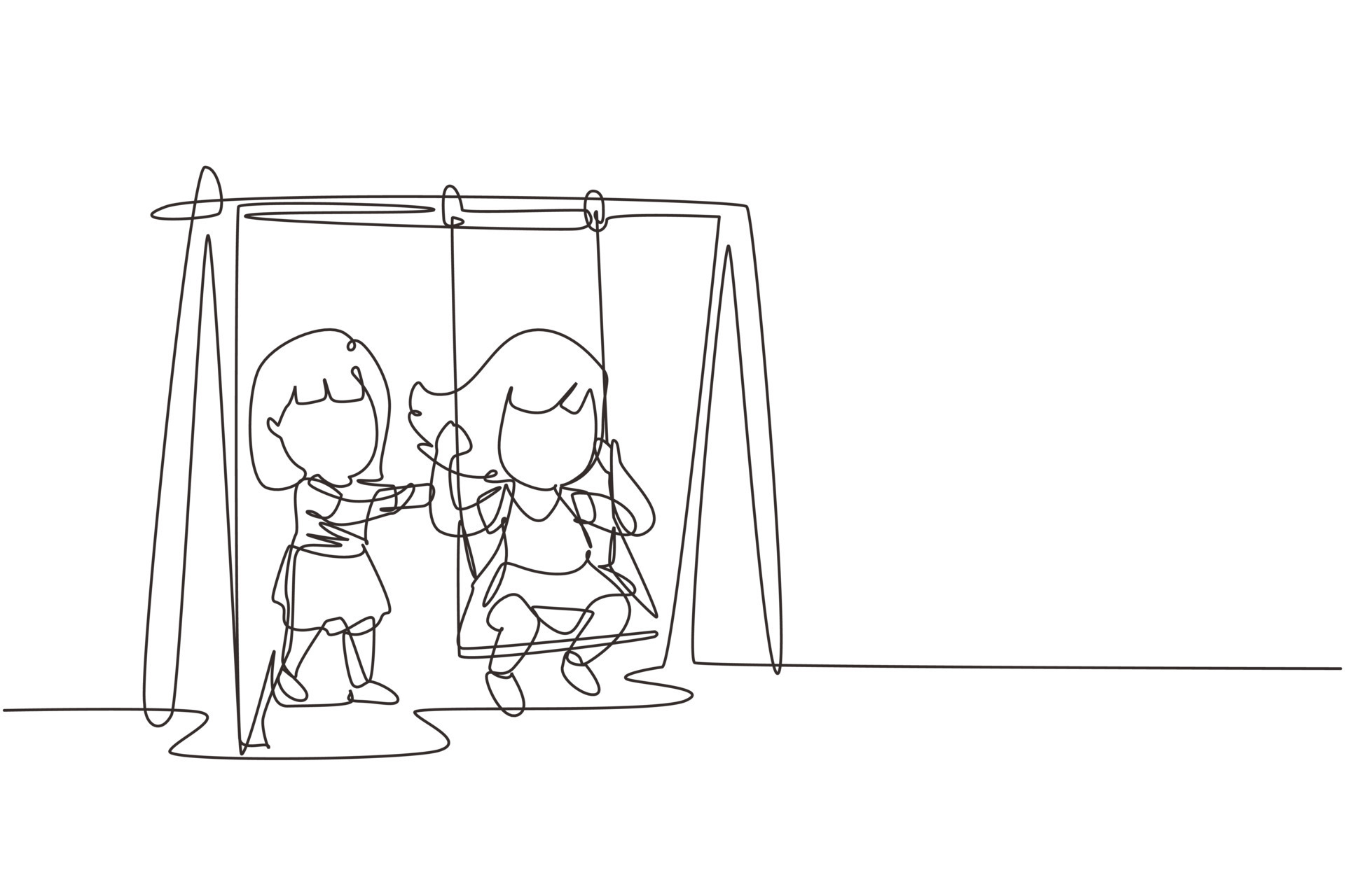 Single continuous line drawing little girl swinging on swing and her