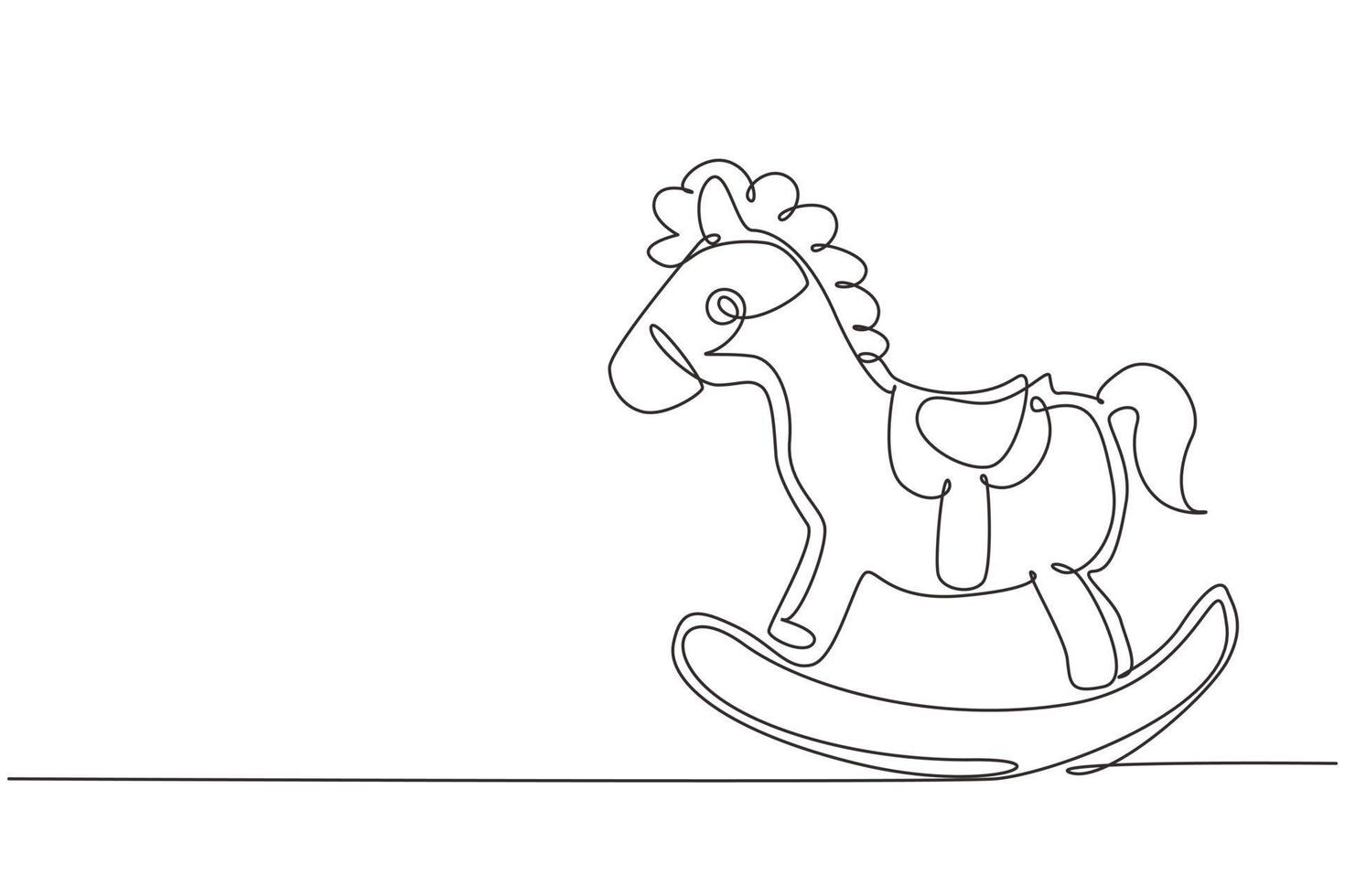 Dibujo de una sola línea continua silla de caballo mecedora de madera para niños. caballo balancín de madera casero clásico para niños. Caballo de juguete antiguo para niños. Ilustración de vector de diseño gráfico de dibujo de una línea dinámica