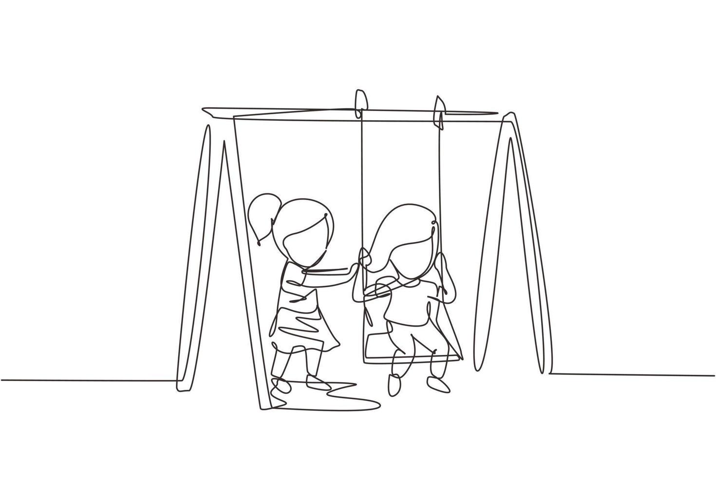 Single one line drawing cute little girl swinging on swing and her friend helped push from behind. Kids playing swing together in kindergarten playground. Continuous line draw design graphic vector