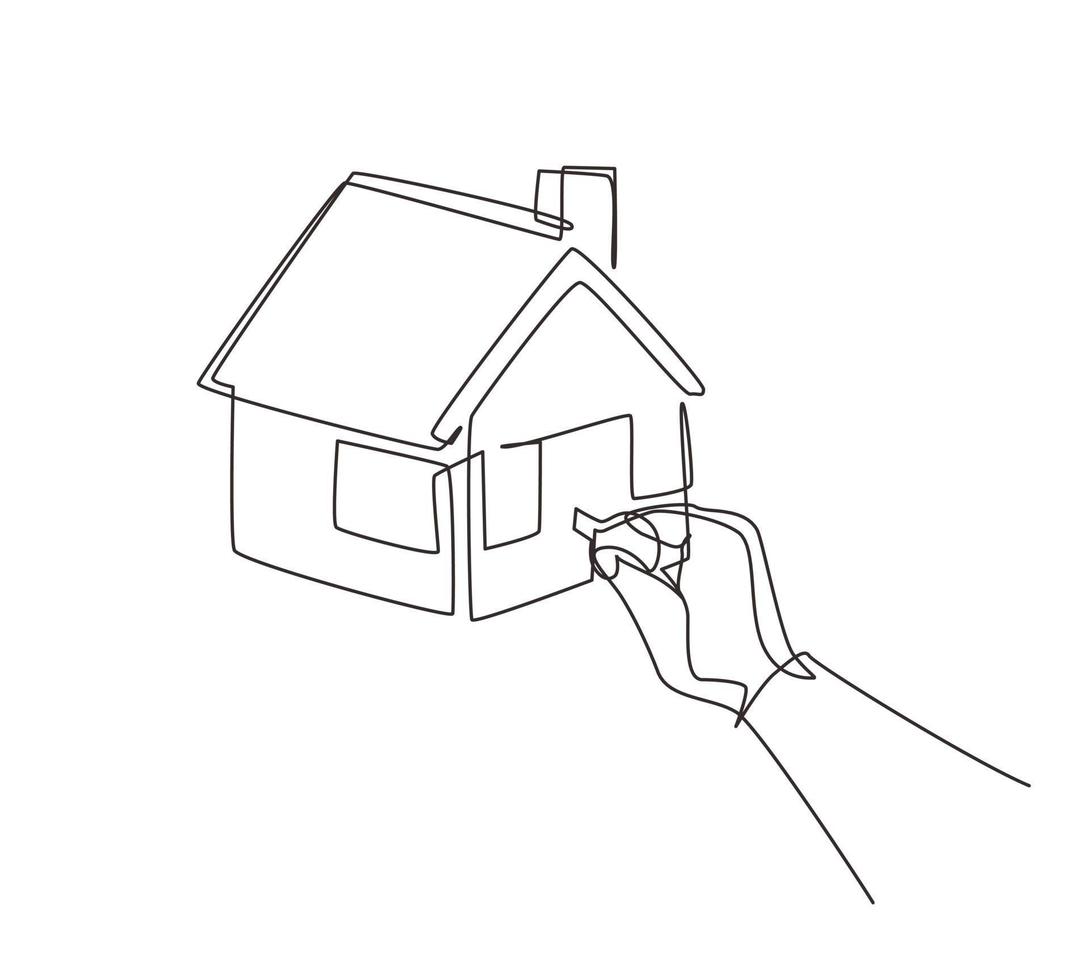 Single one line drawing insert key into keyhole house. Open the doors. Real Estate concept, template for sales, rental, advertising. Sign on home. Modern continuous line draw design graphic vector