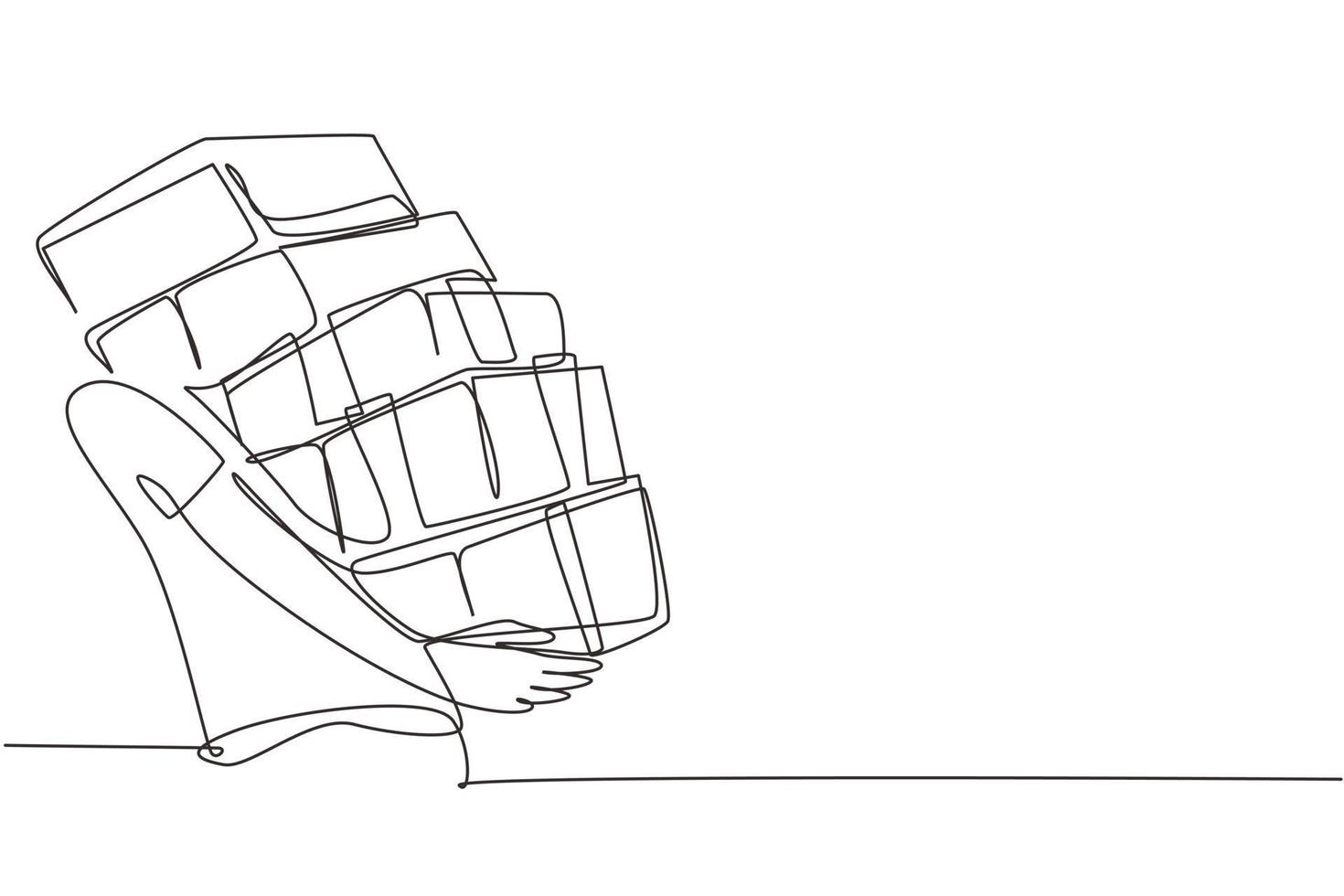 dibujo continuo de una línea retrato de un niño que lleva una pila de cajas de regalos envueltos sobre fondo blanco. joven sosteniendo una gran pila de regalos de año nuevo. ilustración gráfica de vector de diseño de dibujo de una sola línea
