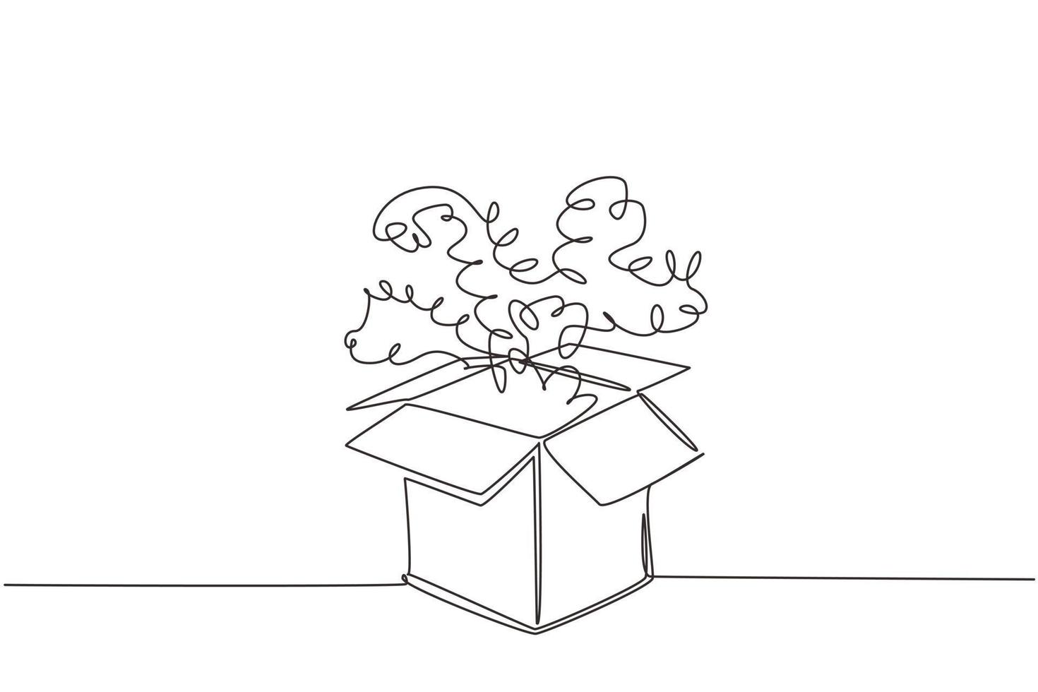 Single continuous line drawing open gift box and confetti. Enter to win prizes. Present package with bursting elements, surprise inside, birthday. One line draw graphic design vector illustration